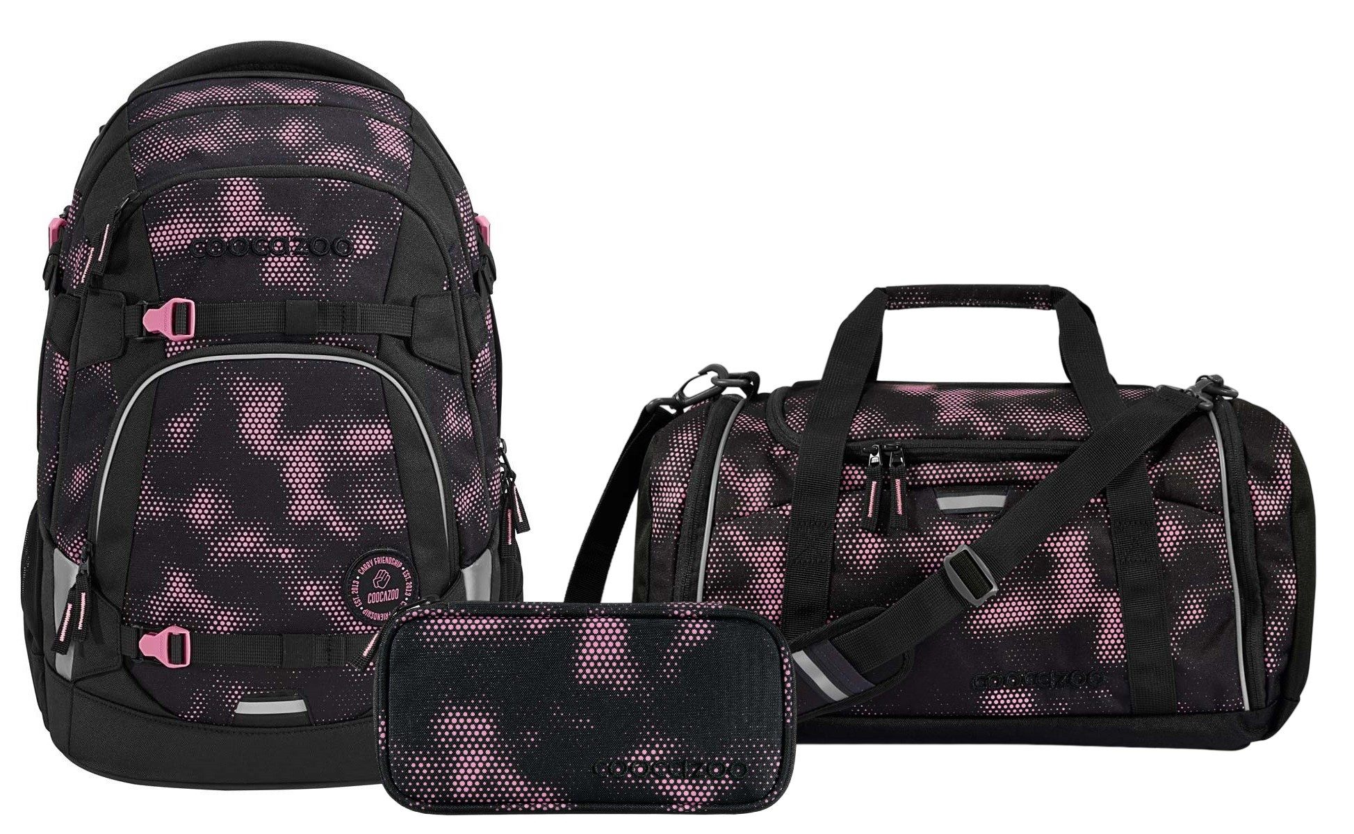 coocazoo Schulranzen Schulrucksack-Set MATE Pink Illusion 3-teilig (Rucksack, Mäppchen, Sporttasche), ergonomisch, reflektiert, Körpergröße: 135 - 180 cm