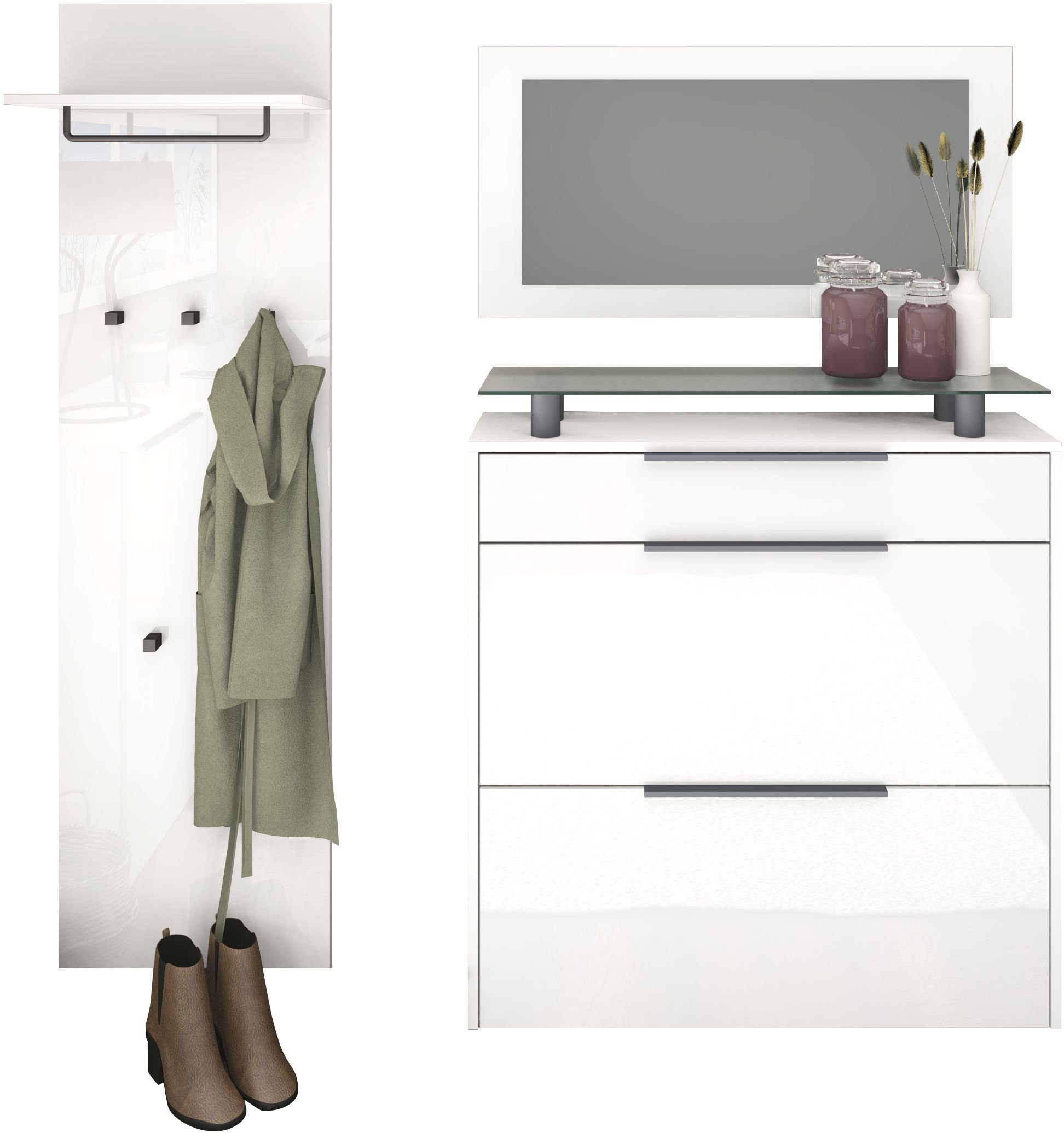 borchardt Möbel Garderoben-Set Tom, (3-St), Schuhschrank hängend weiß matt/weiß Hochglanz | Garderoben-Sets