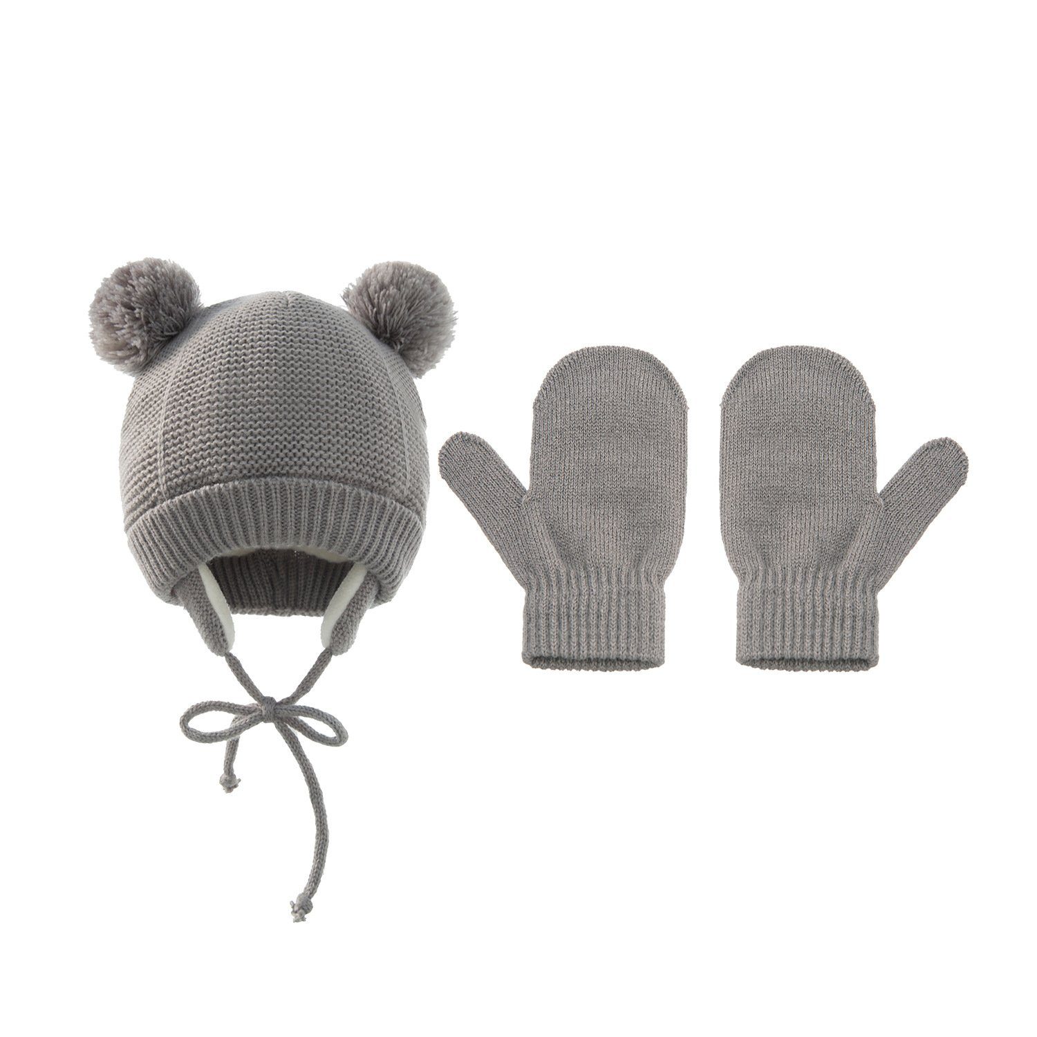 XDeer Filzhut 2 Stück Kinder Wintermütze Handschuhe Set, Strickmütze baby warme Mütze gray