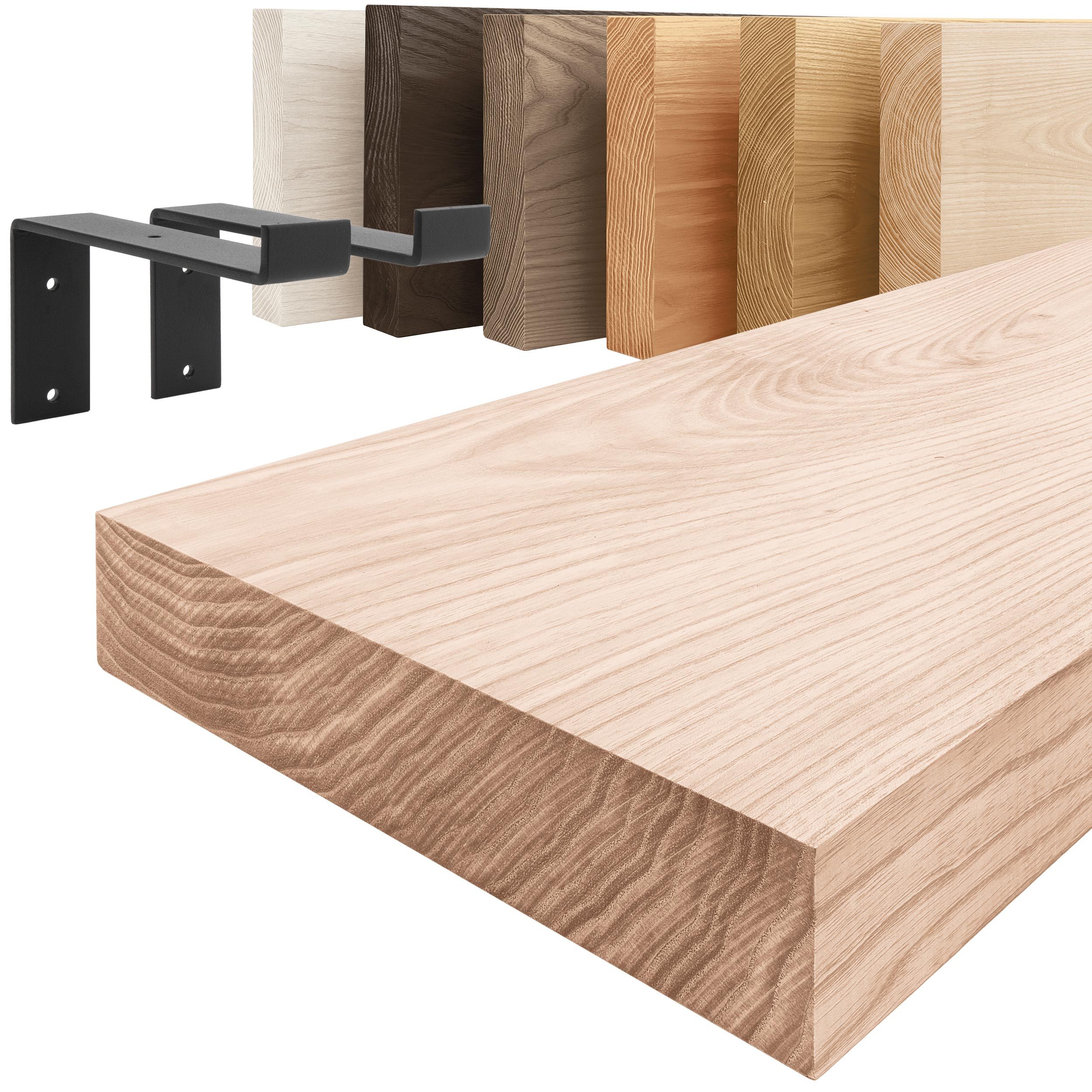 LAMO Manufaktur Wandregal Holz Gerade Regal Farbe: Roh mit schwarzem Original Regalträger 40 cm, Komplett-Set, 40mm stake Massivholzplatte