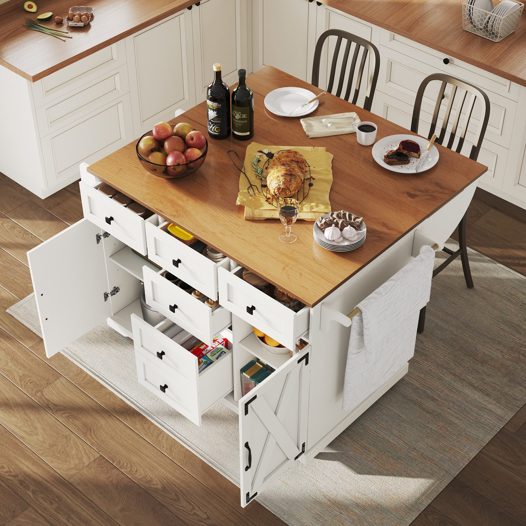 STILVORA Küchenwagen mit Schubladen,Küchenschrank Buffetschrank mit Handtuchhalter, (mit Holzmaserung Hochwertige MDF & Metallverzierungen, 1 St., 147 × 44(70)× 93 cm), mit Holzmaserung & großem Stauraum