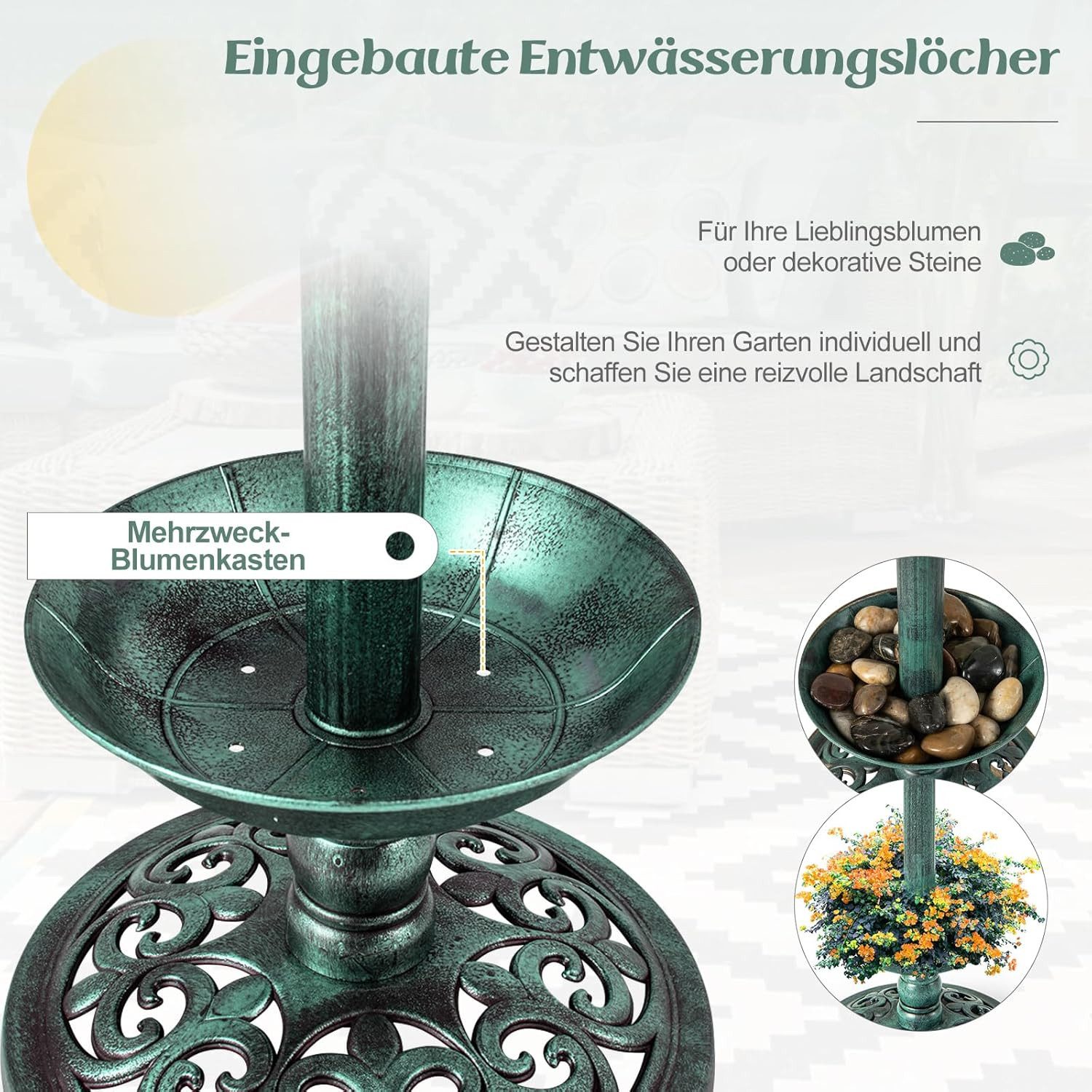 KOMFOTTEU Vogeltränke Vogelbad Vogelfutterhaus, mit Blumentopf & Solar Leuchten – Bild 5 von 5