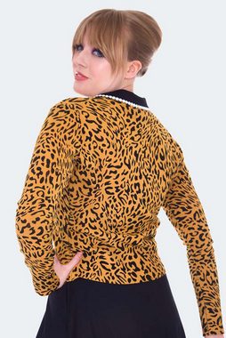 Voodoo Vixen Strickjacke 50s Mustard Leopard Print Retro Vintage Cardigan Leopardenmuster