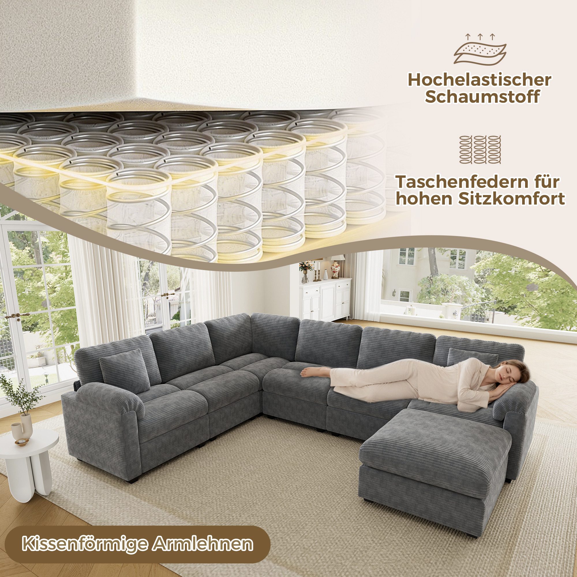 Odikalo Big-Sofa Ecksofa mit Kissen Hocker und Schlaffunktion, Cord‑Sofa, multifunktionalem und großzügigem Kombinationssofa