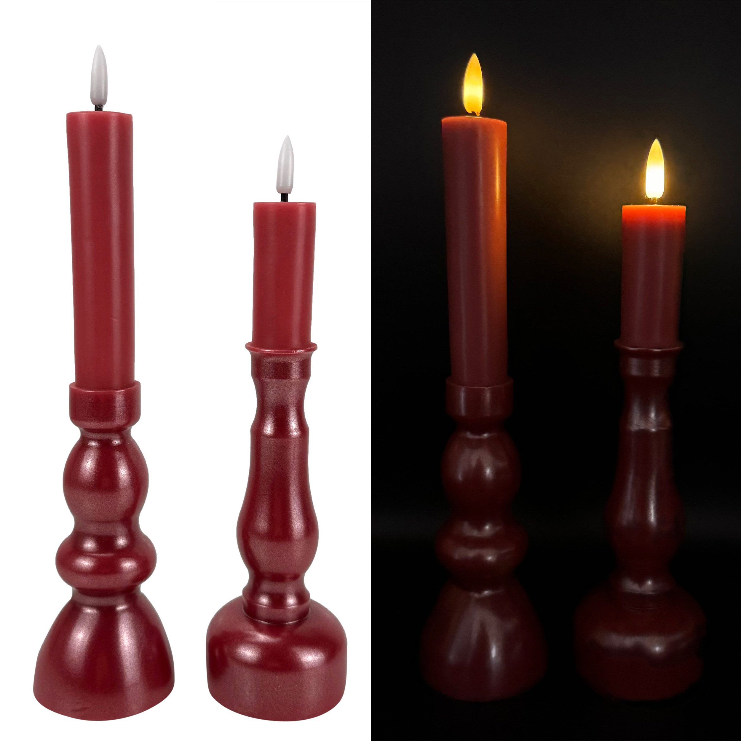Online-Fuchs LED-Kerze 2 LED-Stabkerzen aus Echtwachs inklusive Kerzenständer & Timer (realistische Kerzenflamme, 27 und 31 cm hoch), inkl. praktischer 6-Stunden Timerfunktion