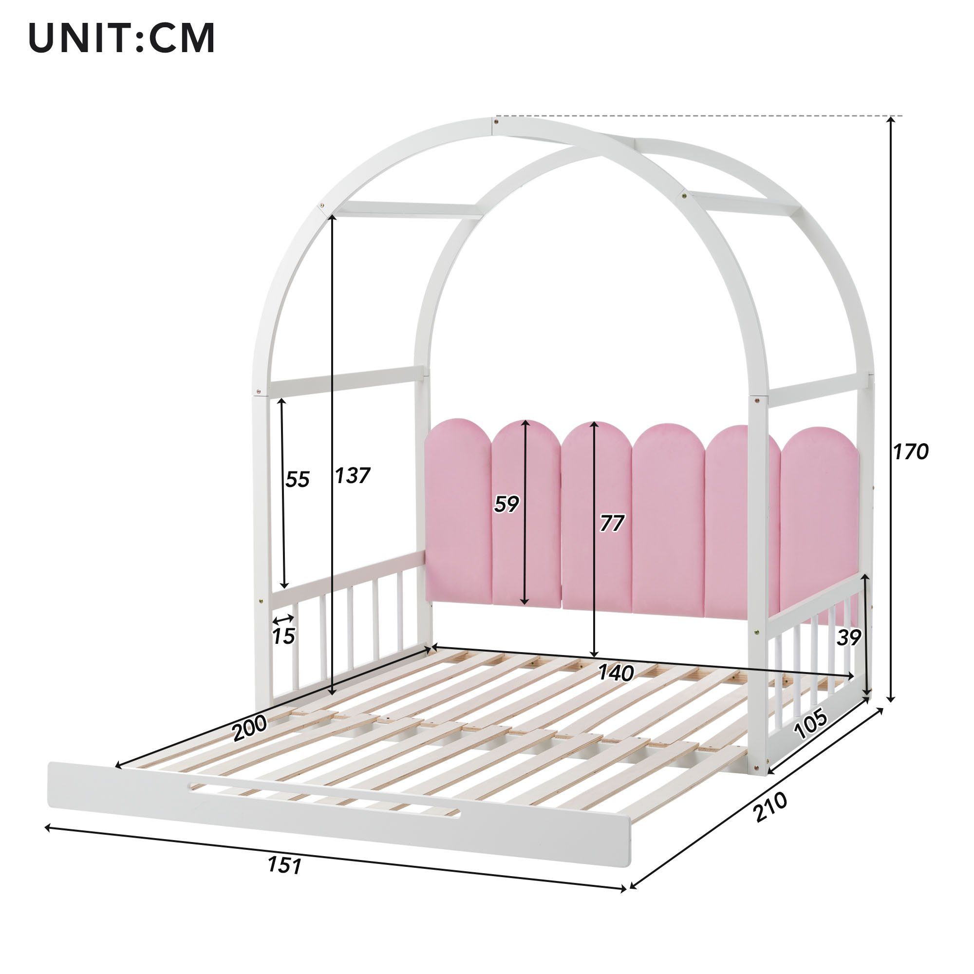 Ulife Jugendbett Ausziehbare mit Bett Kinderbett weiß | rosa 140x100cm/140x200cm Zaun-Kissen Samt