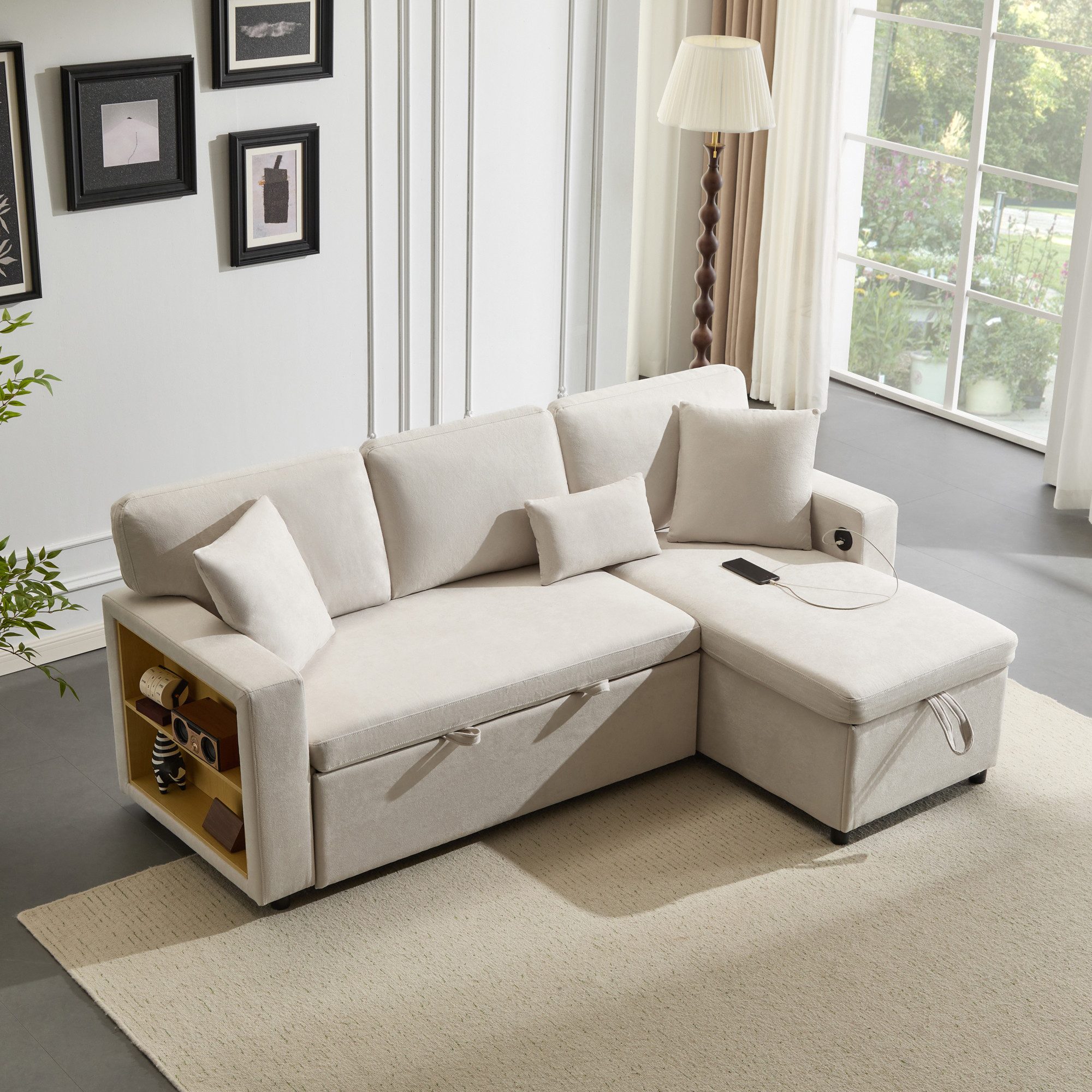 STILVORA Schlafsofa mit bettfunktion,L-Form couch mit schlaffunktion und Bettkasten,beige, Daybett, Polstersofa, Wohnzimmersofa, 3-Sitzer-Schlafsofa