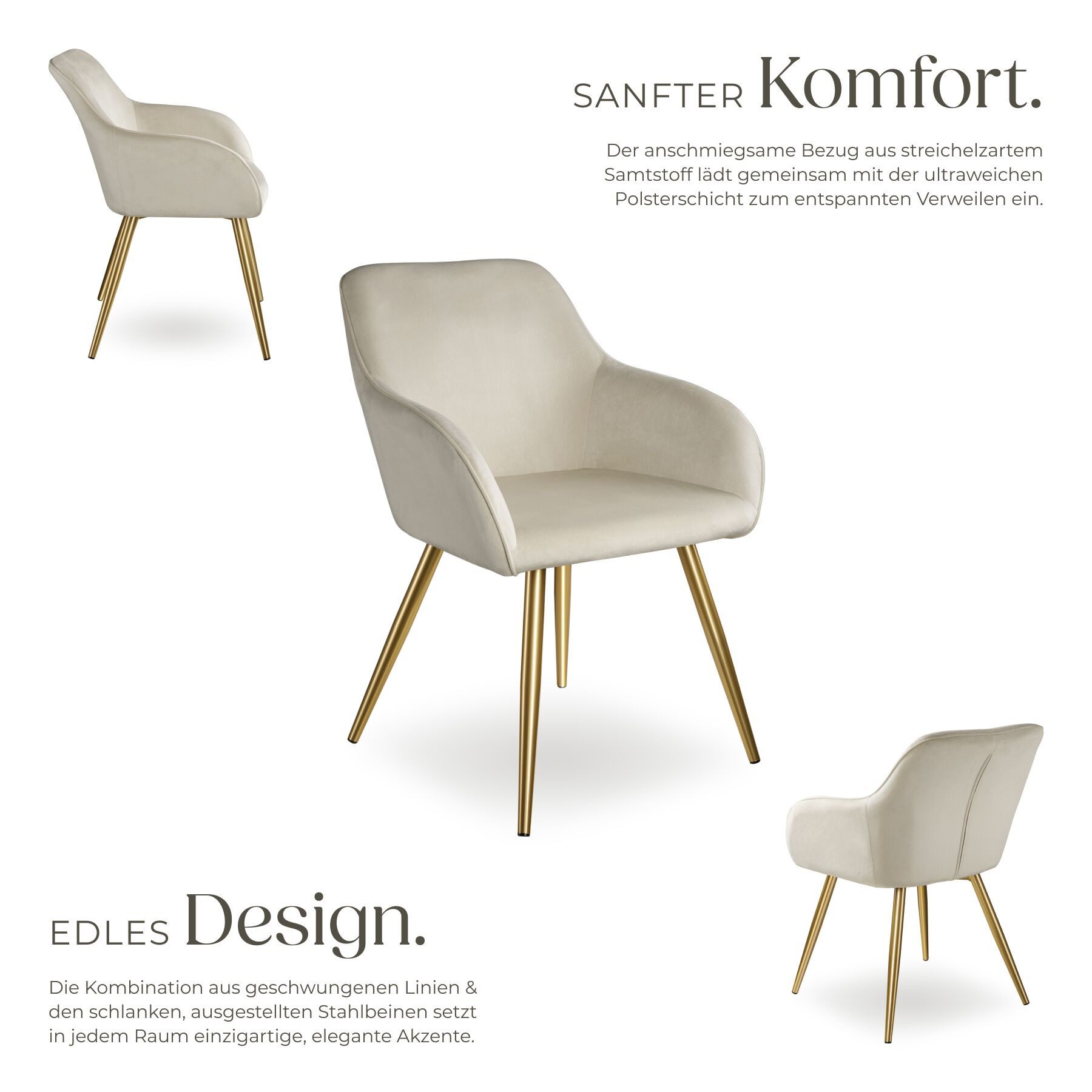 tectake Esszimmerstuhl Küchenstuhl gepolstert, in Samtoptik, 58 x 62 x 82 cm (Wohnzimmerstuhl Marilyn in creme/gold, 4 St), durchgehende Lehne, goldene Stahlbeine, bodenschonend