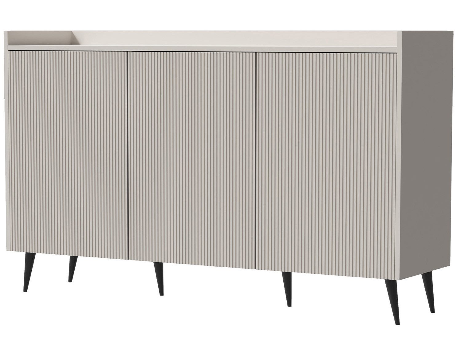Beautysofa Kommode AMFALI 150 cm mit 3 Türen (Push-to-open, geriffelte Fronten, schwarze Metallbeine), Frühlings-Eiche, Nussbaum oder Cashmere