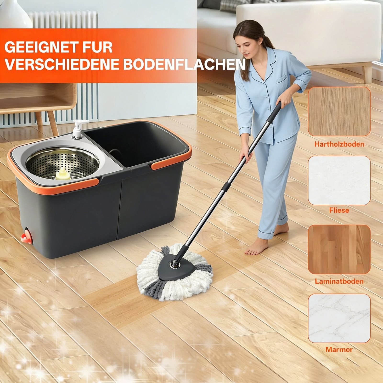 AKKEE Wischmopp Set Bodenwischer Komplett-Set 2in1 Wischmopp Set mit Eimer, (360° Drehgelenk), Faltbar und drehbar