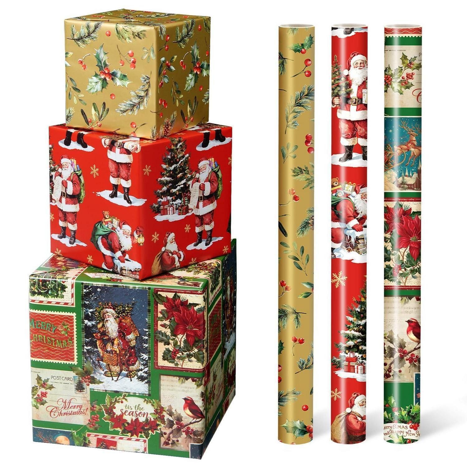 LuxusKollektion Geschenkpapier Geschenkpapier Weihnachten Retro 3er Set, (3St)