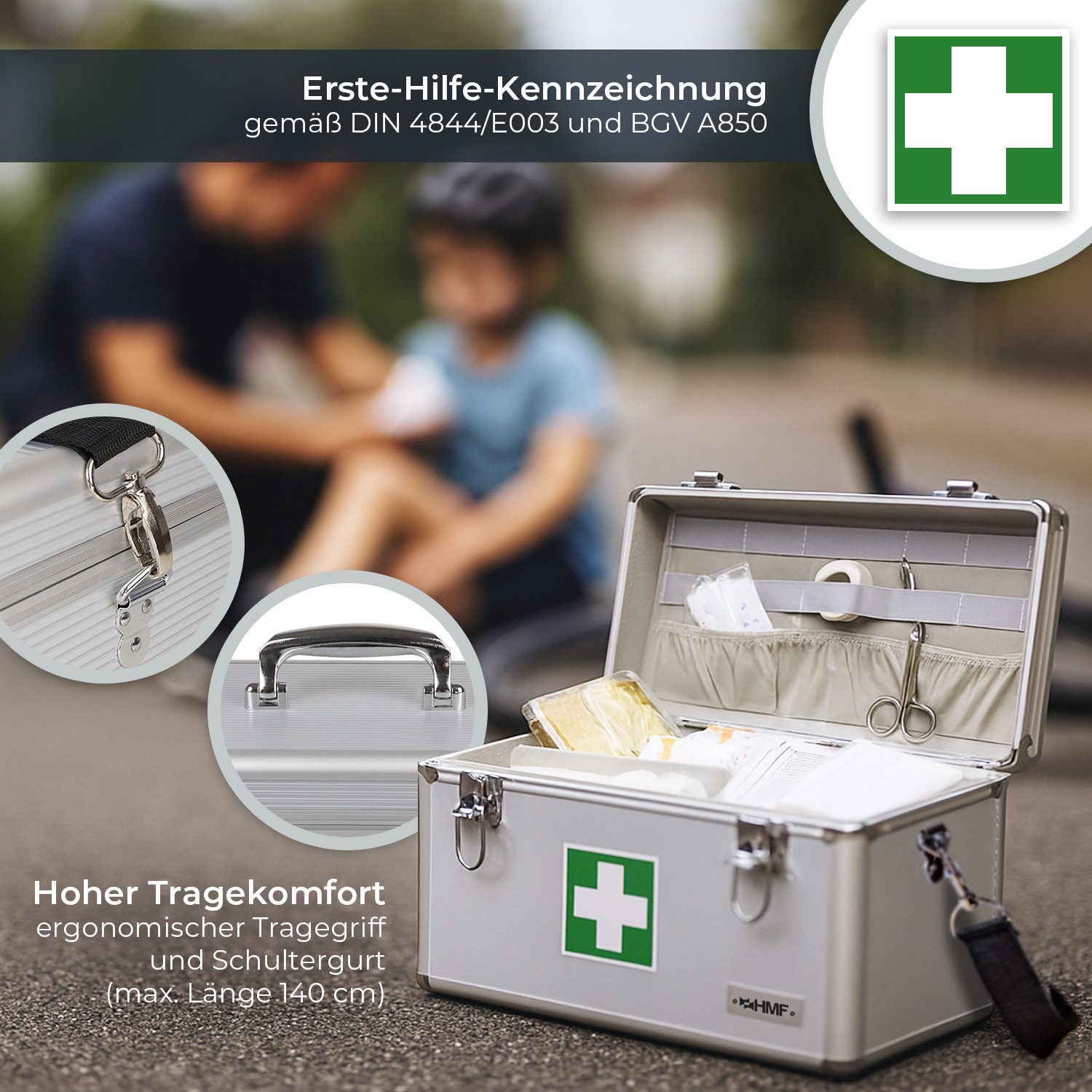 HMF Erste-Hilfe-Koffer Alu Medizinkoffer Arztkoffer für Erstversorgung, Erste-Hilfe-Koffer, mit Tragegriff und Schultergurt, 40 x 22,5 x 20,5 cm, silber