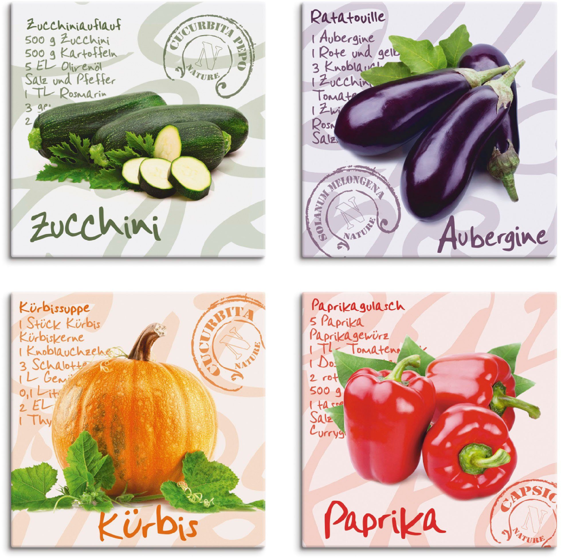 Artland Leinwandbild Lebensmittel Set, St), Kürbis, 4er Paprika, Größen verschiedene (4 Aubergine, Zucchini