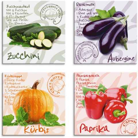 Artland Leinwandbild Zucchini, Aubergine, Kürbis, Paprika, Lebensmittel (4 St), 4er Set, verschiedene Größen