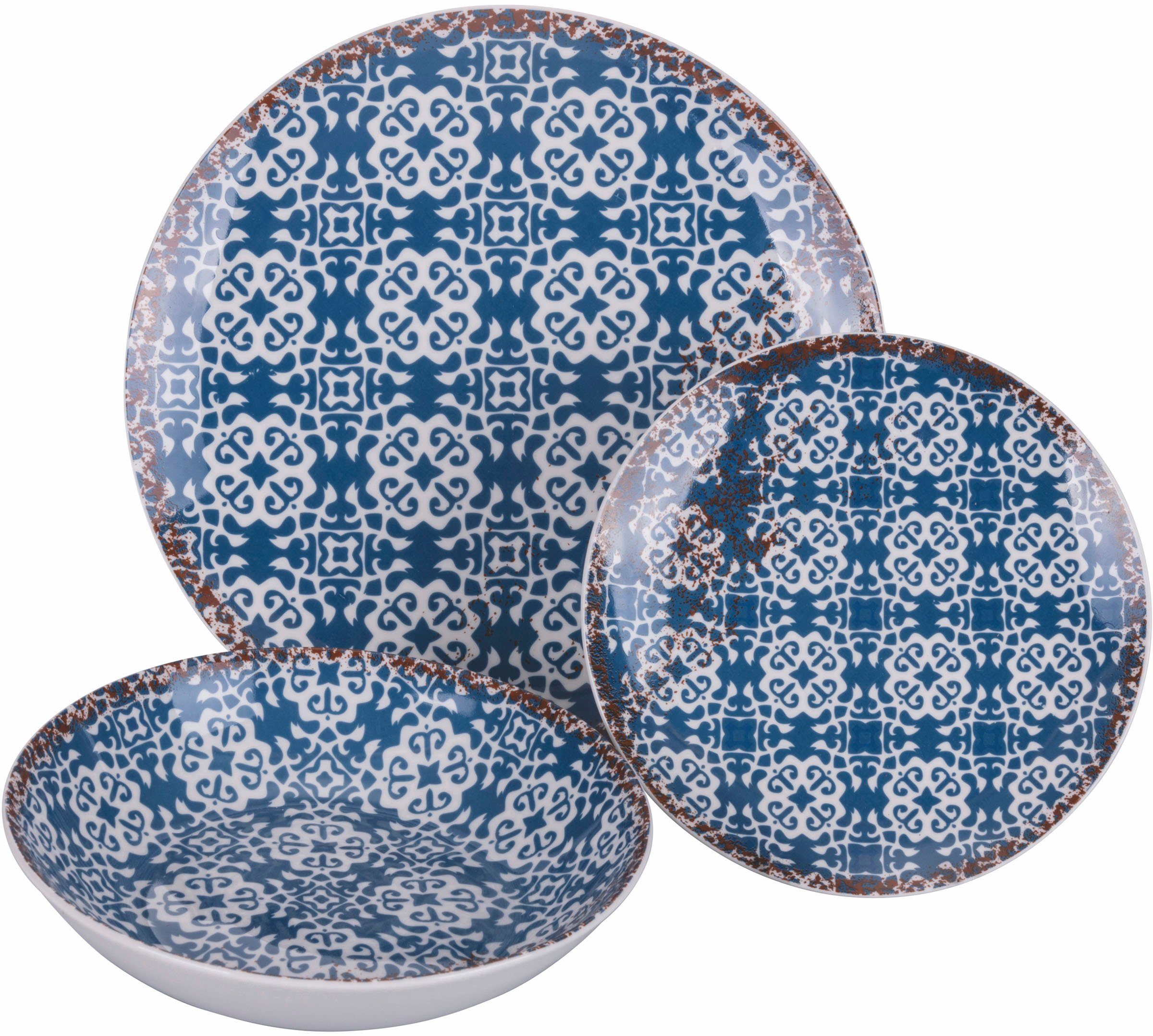 Villa d'Este Teller-Set Geschirr-Set Kasbah 6 Tafelservice, Service, Personen Teile, Personen, Blue 18 (18-tlg), 6 Porzellan, für