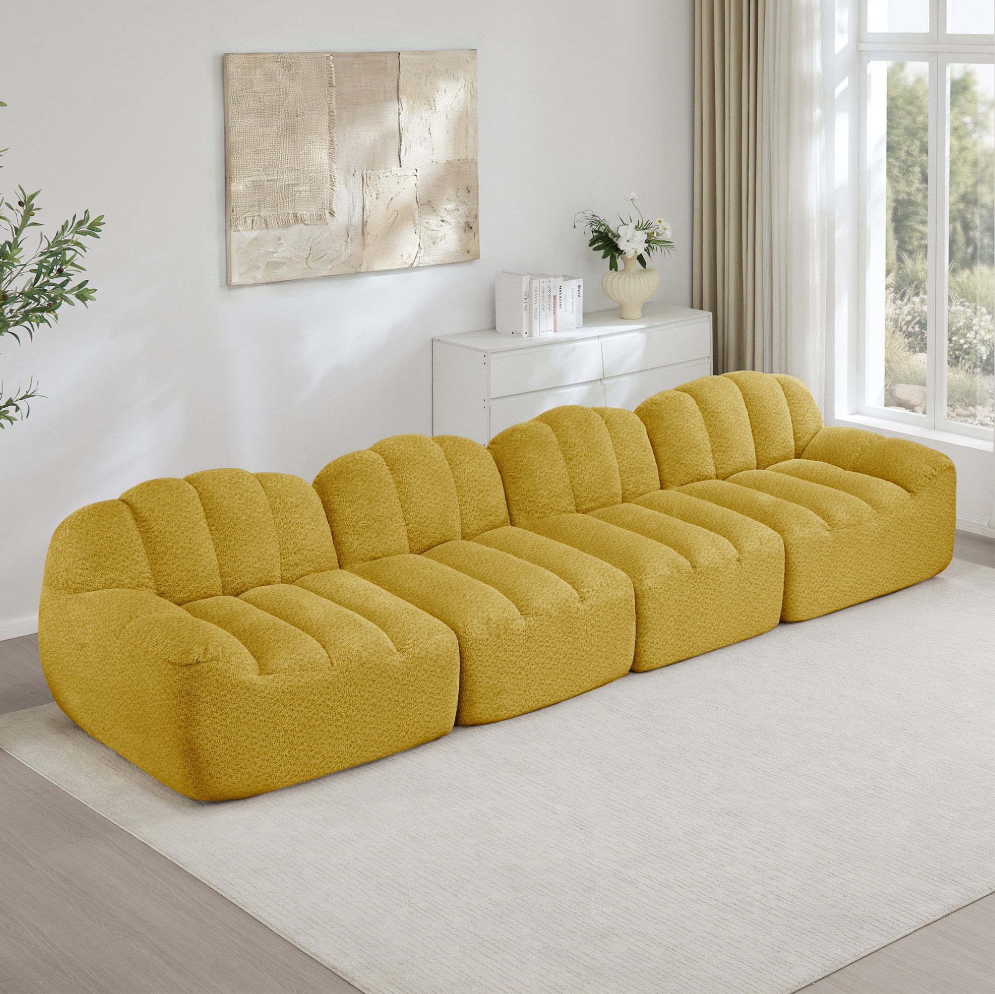 MODFU Loungesofa 2- bis 4-Sitzer modular, muschelförmiges boneless Design aus 32D Hochdichtschaum, tiefe Sitzkissen, flexibel kombinierbar für L-, U- und 2-Sitzer Aufstellung, ohne Montage sofort nutzbar 1 Teile