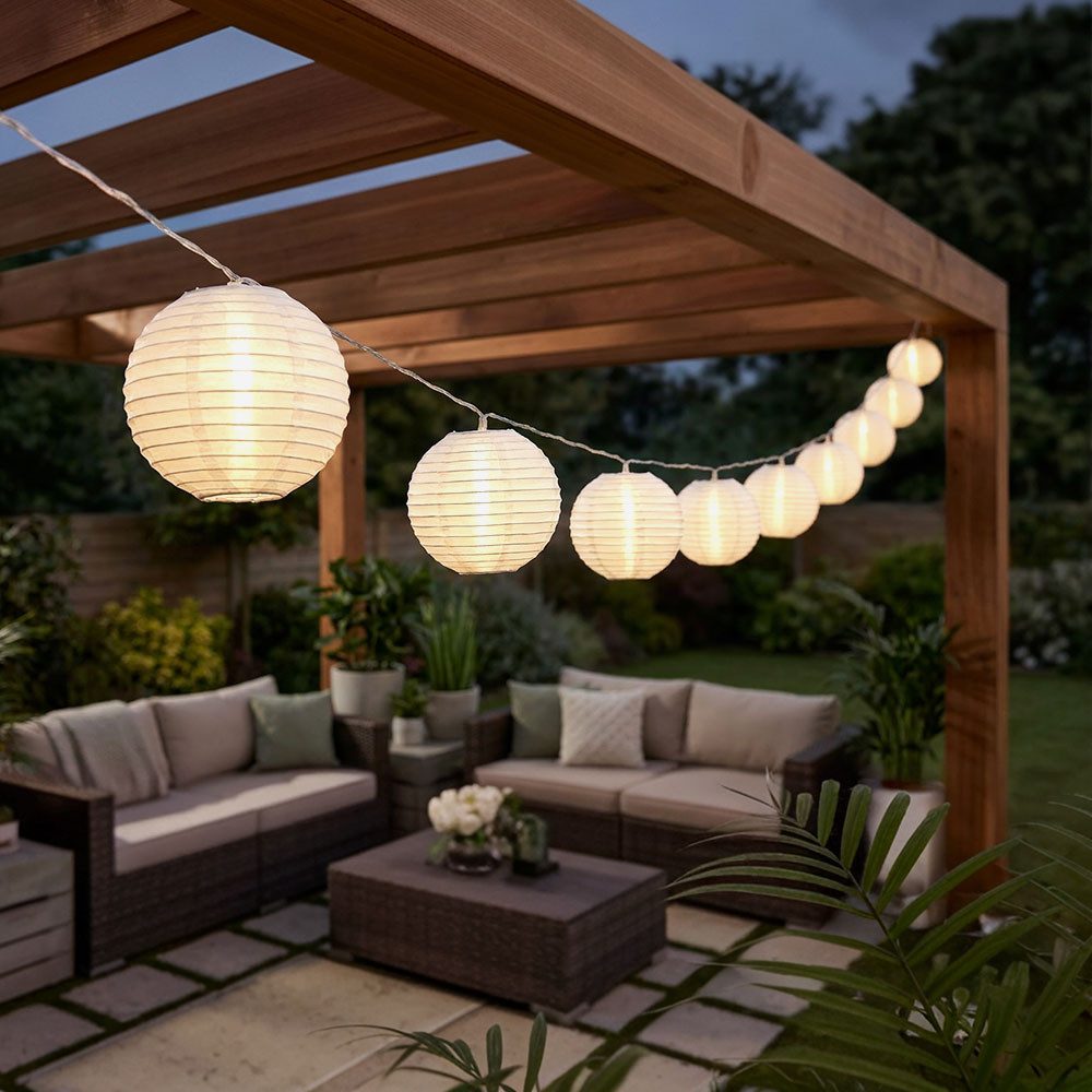 GLOBO LIGHTING LED Dekolicht, LED-Leuchtmittel fest verbaut, Warmweiß, LED Solarleuchte Lichterkette 10x Lampions Erdspieß Akku L 300 cm
