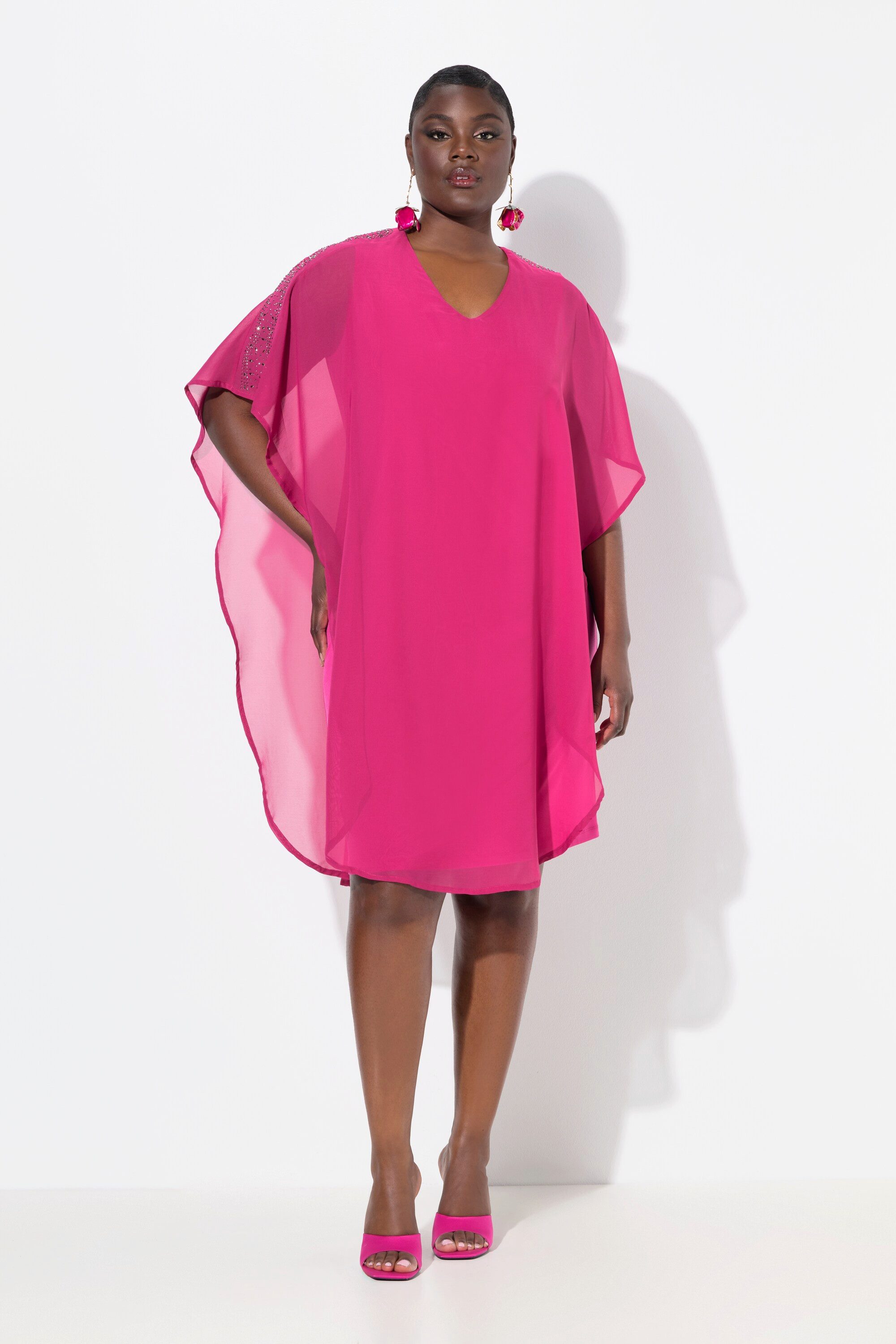 Ulla Popken Cocktailkleid Chiffonkleid doppellagig V-Ausschnitt 3/4-Arm