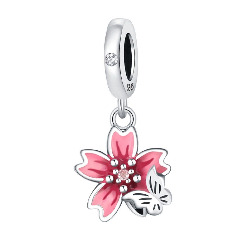 PANDACHARMS Bead Kirschblüte mit Schmetterling Charm Anhänger, 925er Sterling Silber