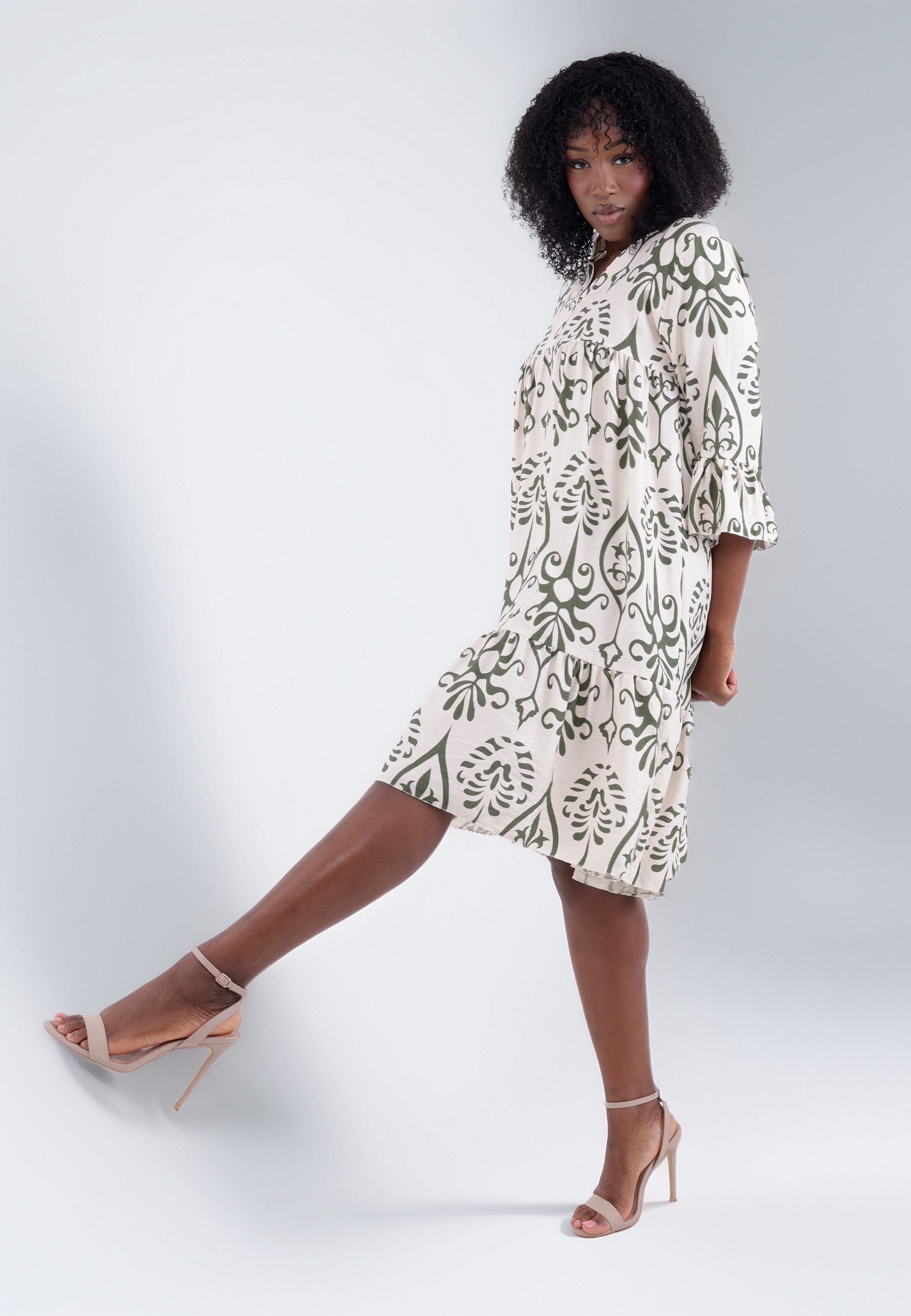 YC Fashion & Style Tunikakleid mit Ethno-Print und Volantärmeln – One Size Alloverdruck