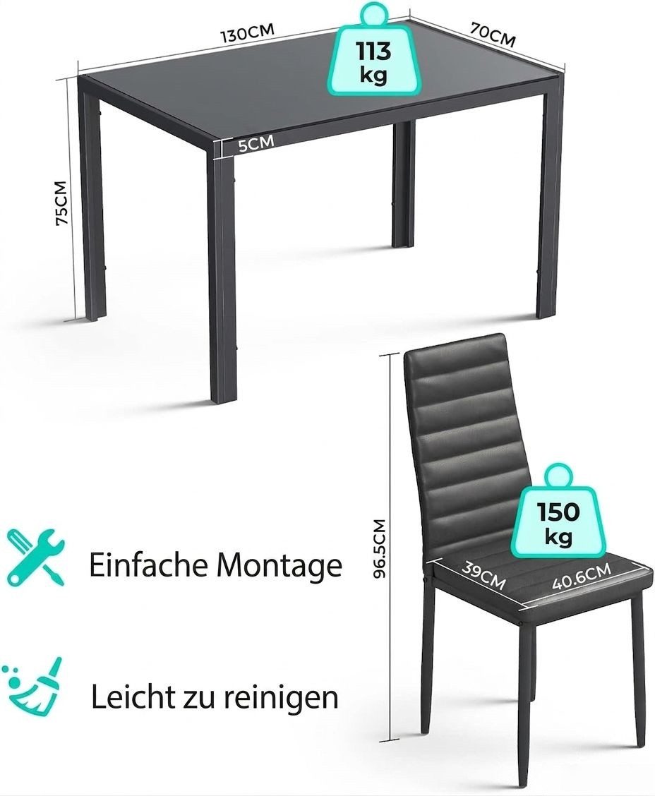 Blishom Essgruppe 7-tlg. Essgruppe aus Glas-Esstisch und 6 Kunstleder-Esszimmerstühle, Esszimmer Set 7-tlg. Glas Tisch 130 cm, Leicht zu reinigen