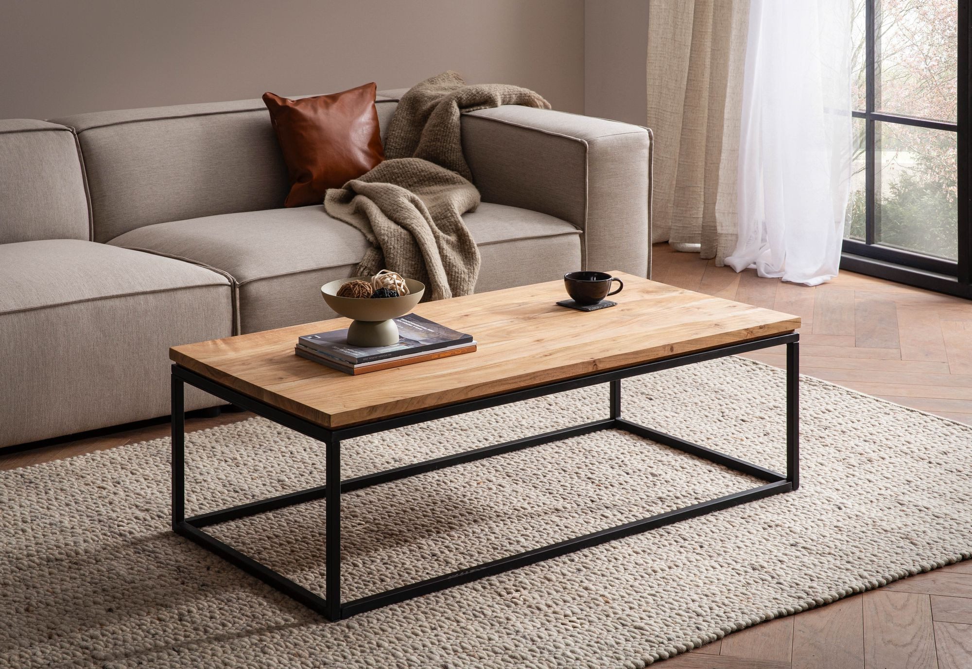 FINEBUY Couchtisch Couchtisch Akazie Massivholz 120cm Wohnzimmertisch eckig günstig online kaufen