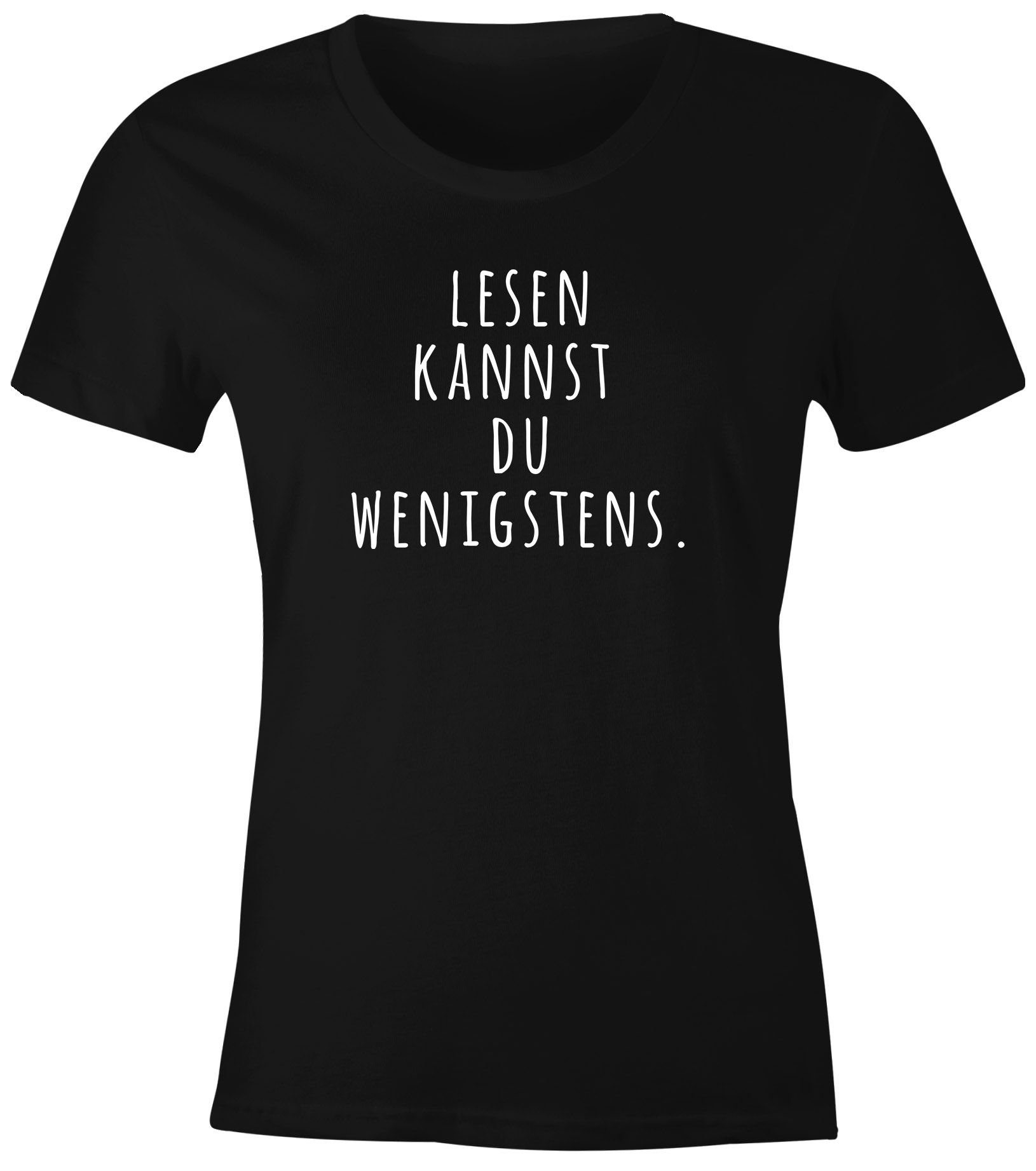 Print wenigstens lustiges Damen Moonworks® T-Shirt Print-Shirt du mit Lesen Fun-Shirt kannst Spruch MoonWorks