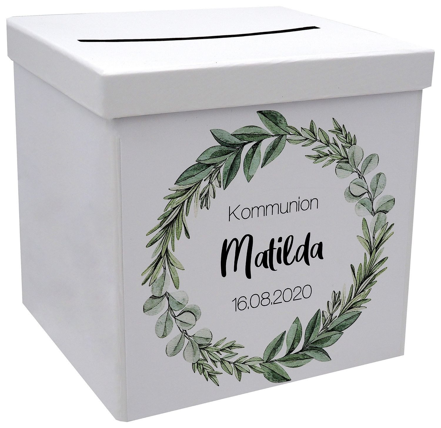 ZauberDeko Geschenkbox Briefbox Kommunion Konfirmation Eukalyptus Blätterkranz MIT NAME