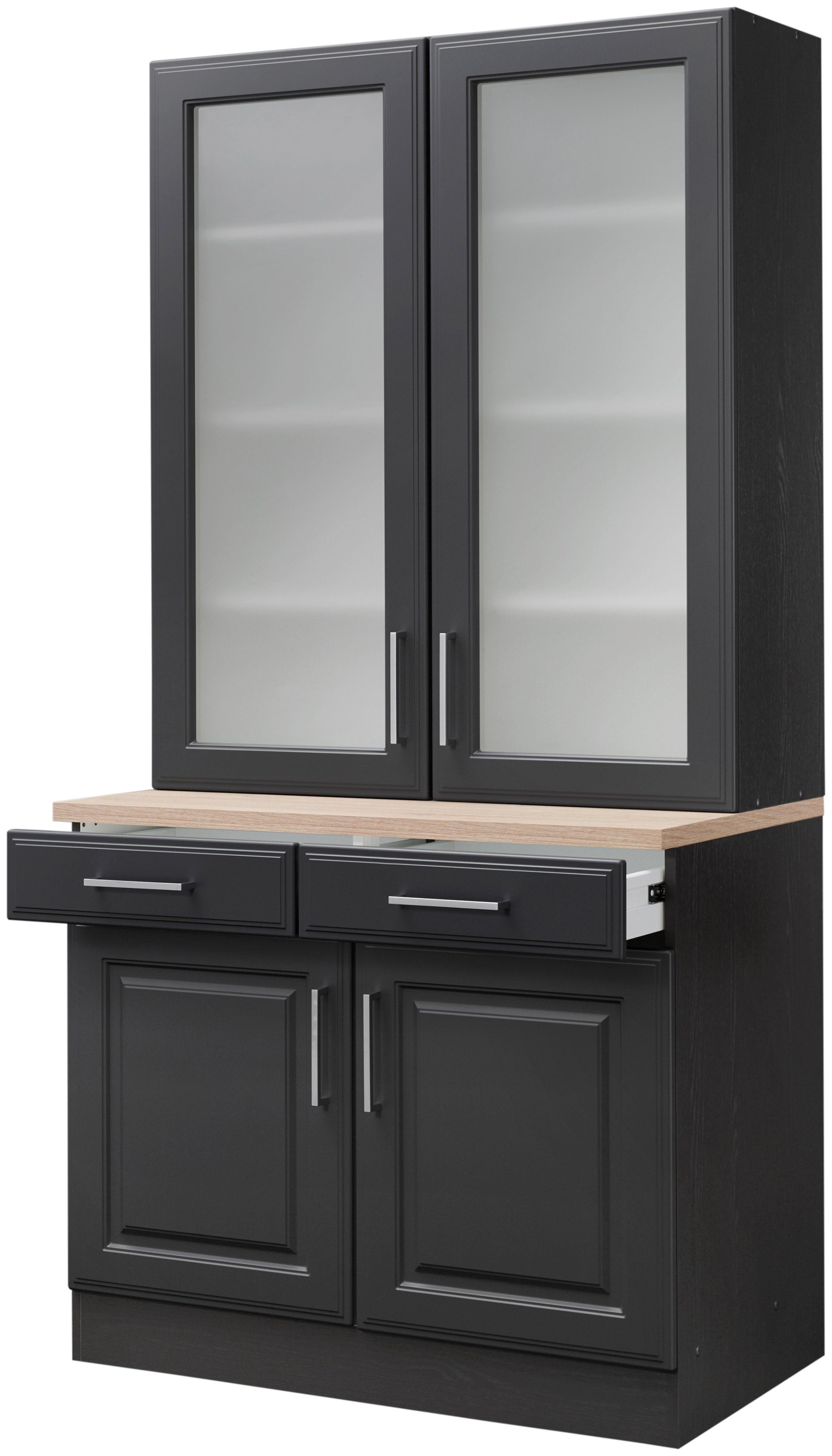 KOCHSTATION Küchenbuffet KS-Stockholm hochwertige MDF-Fronten, 2 Glasrahmentüren, 200 cm hoch, viel Stauraum