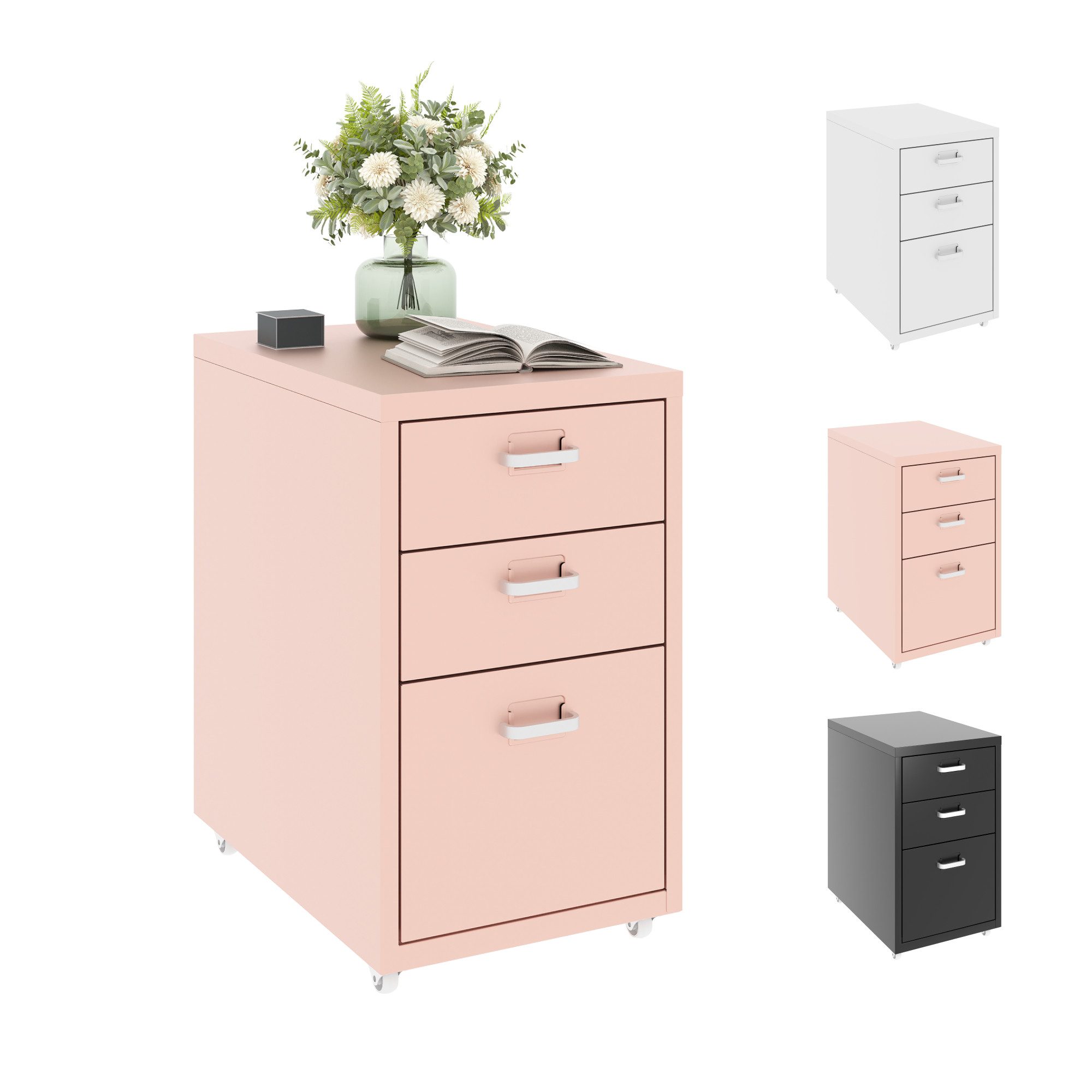 FLEXISPOT Container Rollcontainer für Ihr Büro&Home-Office, 28x48x41 cm (mobiler Aktenschrank mit 3 Schubladen, mit Rollen, Büroschrank) Weiβ/Schwarz/Rosa