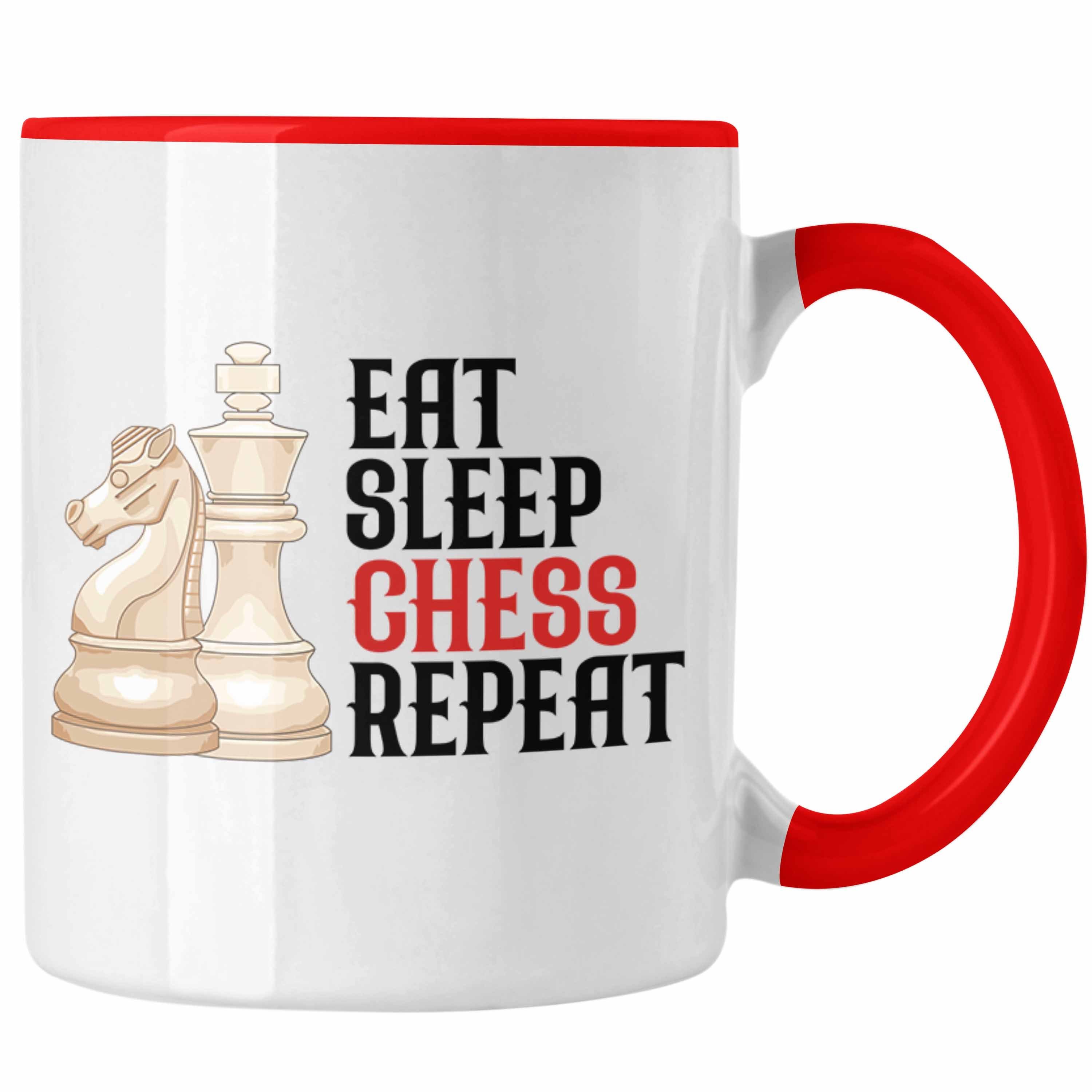 Trendation Tasse Trendation - Schach Tasse Geschenk für Schach-Spieler Profis Lustiger Spruch Grafik Eat Sleep Chess Rot