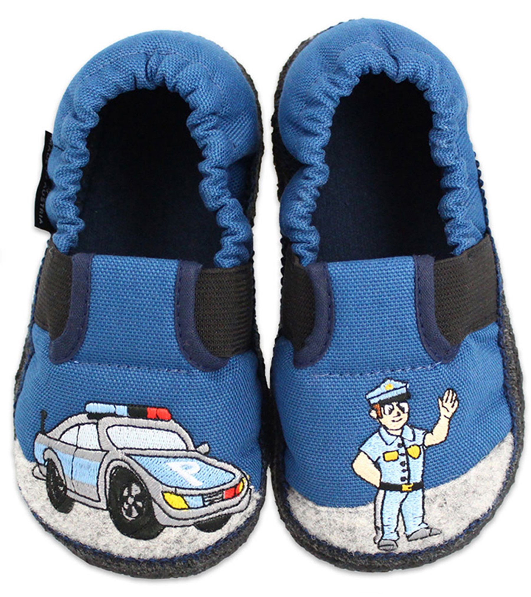 Beck Baumwollslipper Polizei Hüttenschuhe (für Kita, Schule und Zuhause geeignet) reine Baumwolle, Ganzjahres-Hausschuh, mit aufwändiger Stickerei