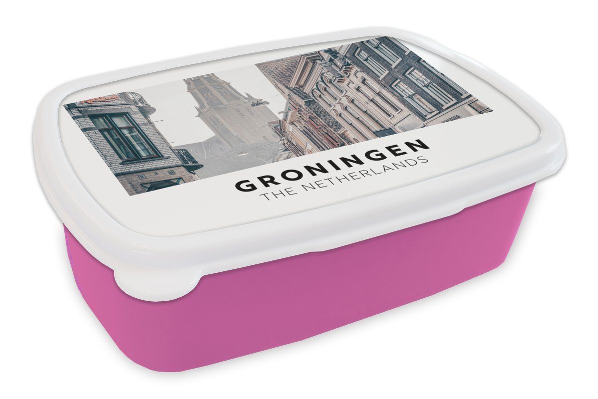 MuchoWow Lunchbox Erwachsene, Mädchen, - - Brotbox Snackbox, für (2-tlg), rosa Niederlande Kinder, Brotdose Toren, Kunststoff Kunststoff, Groningen