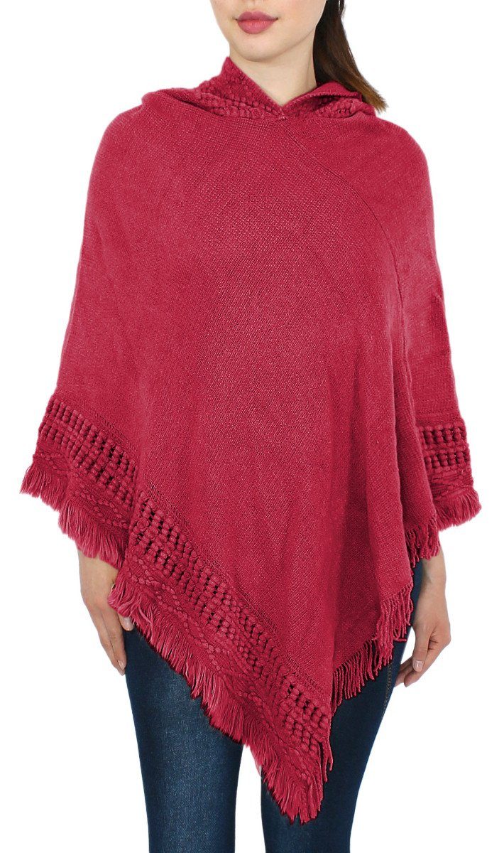 Pullover Unifarbe, Cape mit Strickponcho Fransen Damen Strickponcho WJ076OS-Rot mit dy_mode Poncho in Kapuze Umhang
