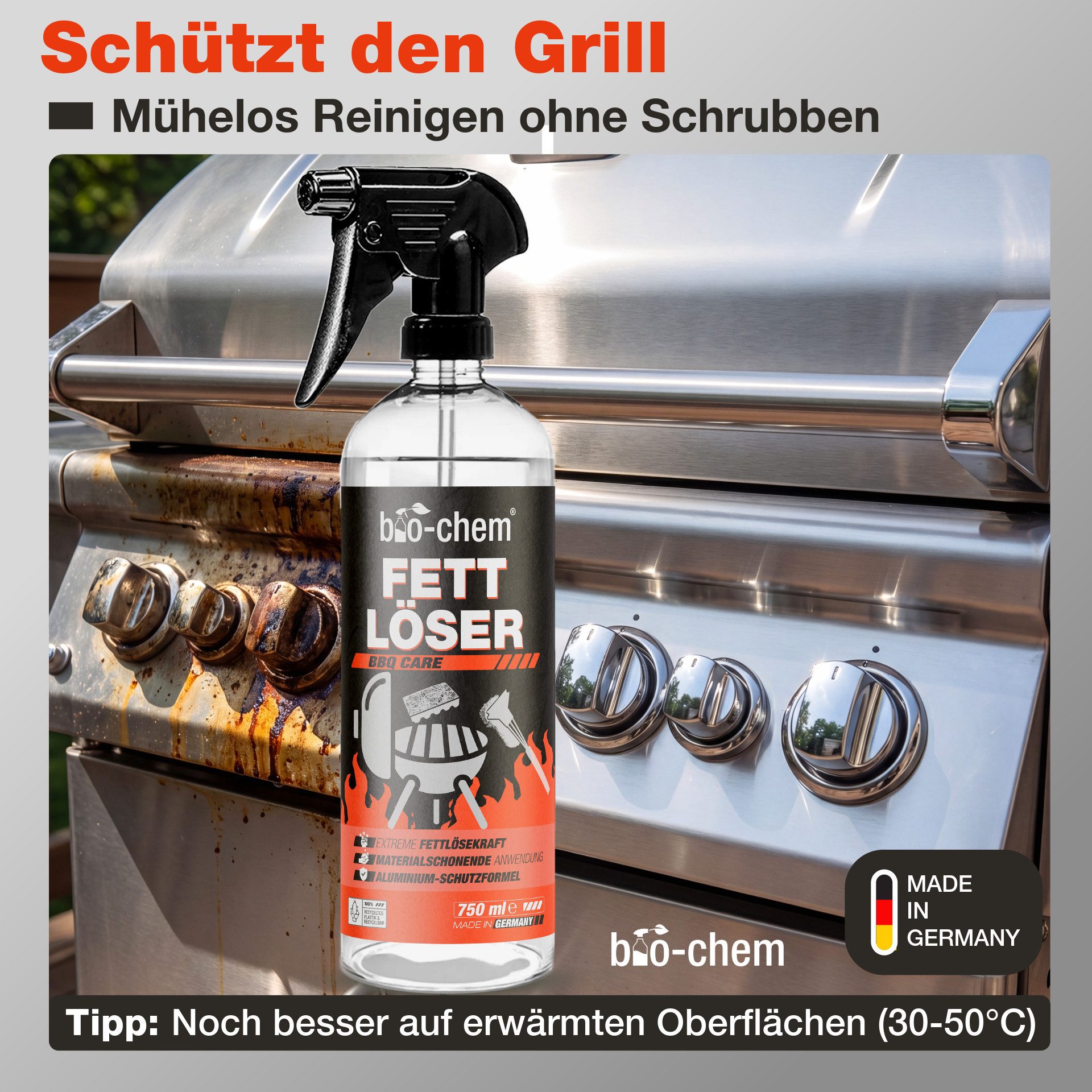 bio-chem Fettlöser mit Alu-Schutzformel - Effektiv, Materialschonend Grillreiniger (Einzelprodukt, [- Fettlöser 0.75 l Handsprayflasche Materialschonend & lebensmittelecht)