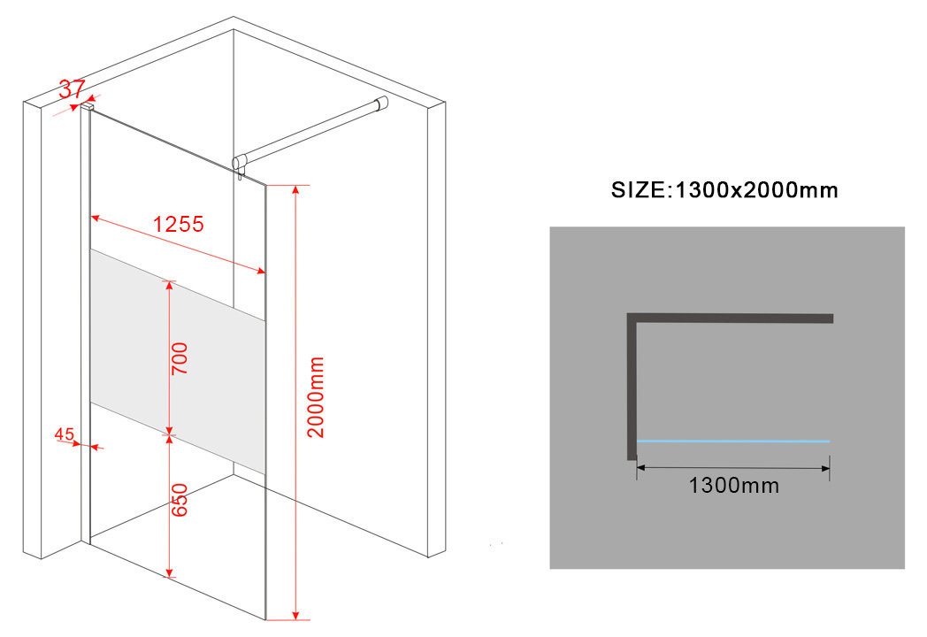 Thumbnail - Alphabad Walk-in-Dusche 10 mm Duschtrennwand VACANTE-FR 130 x 200 cm