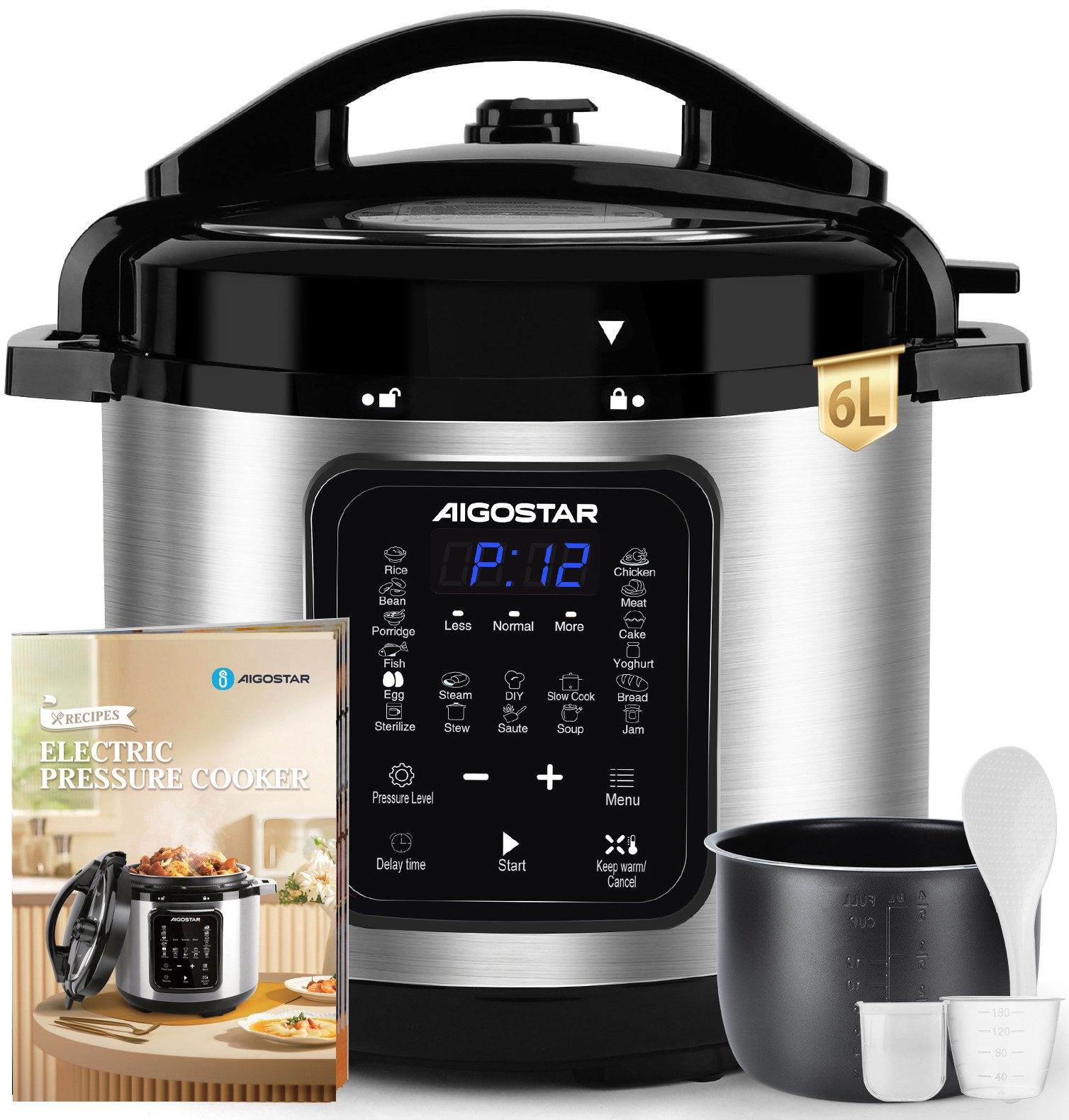 Aigostar Reiskocher 6L Schnellkochtopf, 18-in-1 Multikoche, Pressure Cooker, Rice Cooker, 1000 W, 24h Timer & Warmhalte, Antihaftbeschichtung, 10+ Sicherheitsmerkmale