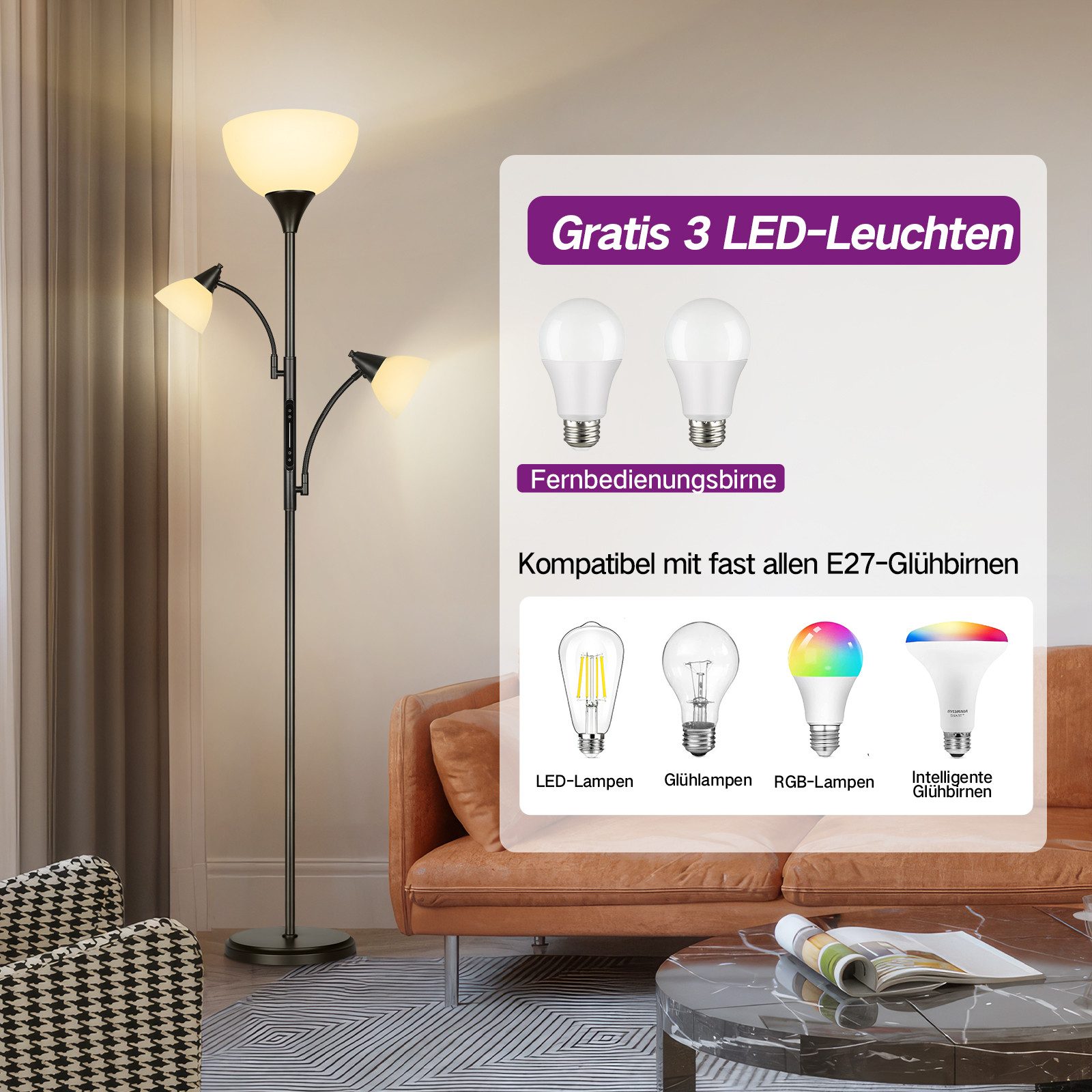 OUTON LED Stehlampe Stehlampe 3-armig, dimmbar, RGB & Weiß, mit Fernbedienung & APP, LED wechselbar, mit 3 x 9W Fernbedienungs-Lampen