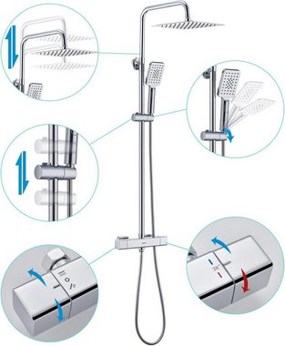 Ulytid Duschsystem mit Thermostat Duschset, Duschamaturenset Regendusche, Höhe 180 cm, 3 Strahlart(en), mit Armatur,Duscharmatur Komplettset inkl.Handbrause mit 3 Strahlarten