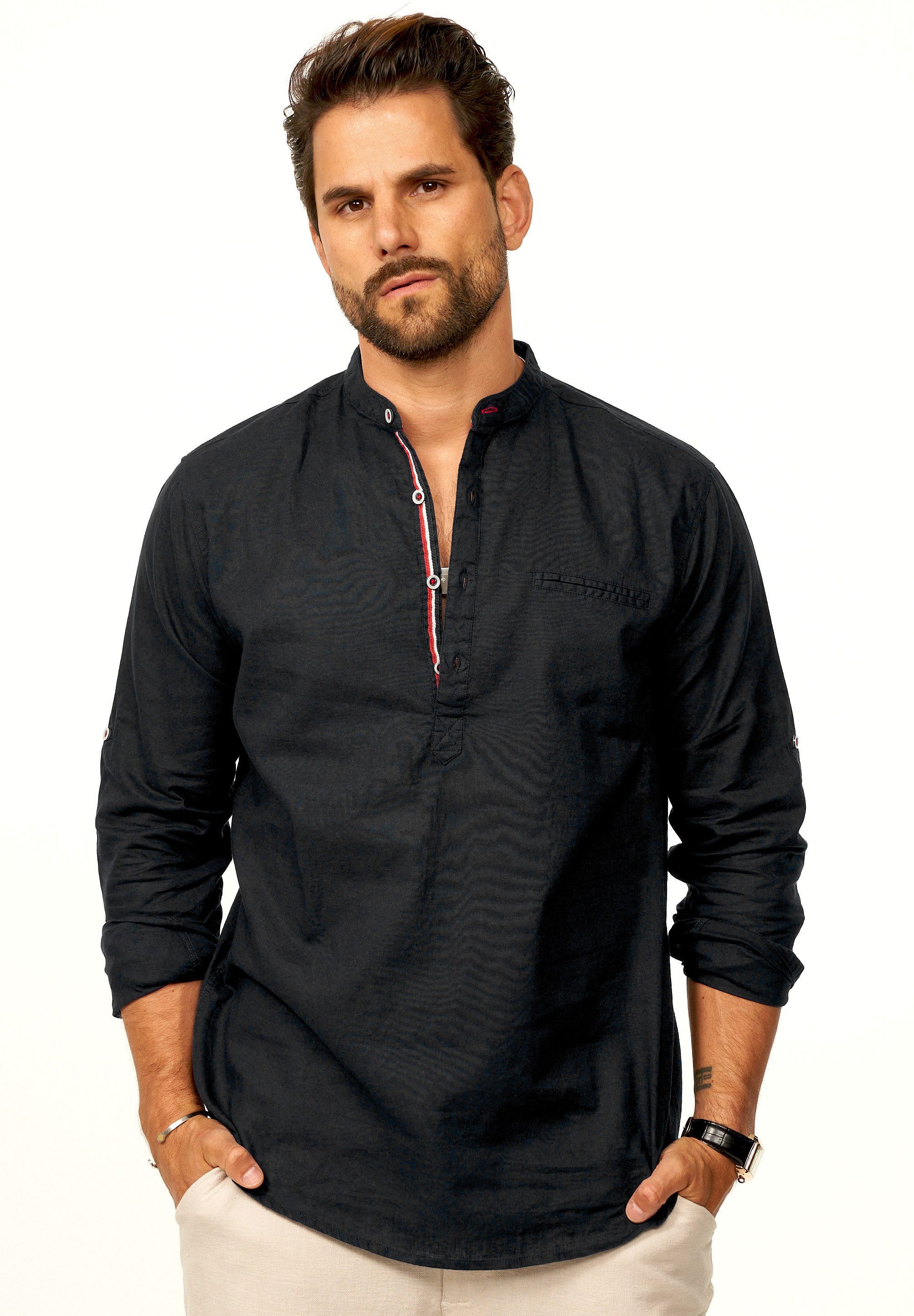 behype Langarmhemd aus Leinen im Regular-Fit Tunikahmed Herren Leinenhemd Freizeithemd mit Stehkragen als Sommerhemd