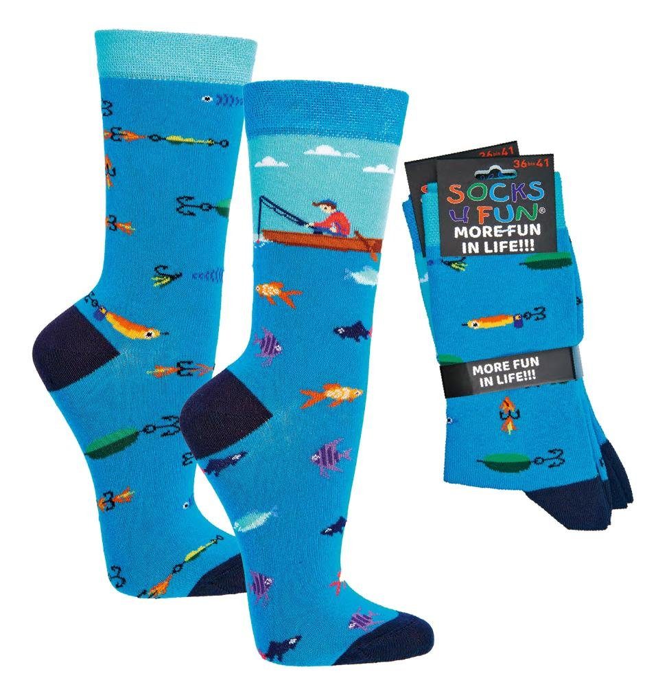 Wowerat Freizeitsocken 2 Paar Fun Socken, Spaß mit Socken, Angler Motive, für Damen & Herren
