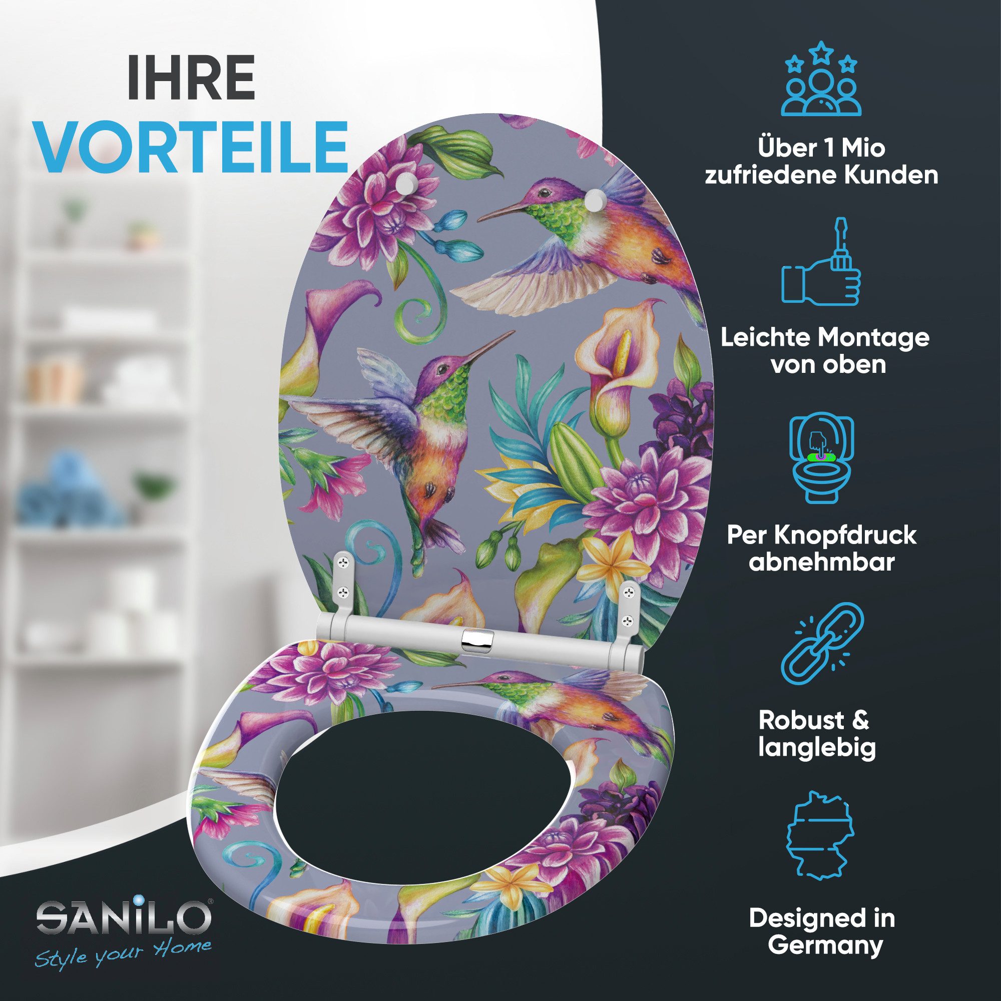 Sanilo WC-Sitz mit Absenkautomatik, viele Toilettendeckel direkt vom Hersteller, hochwertig & modern, universell, leichte Montage