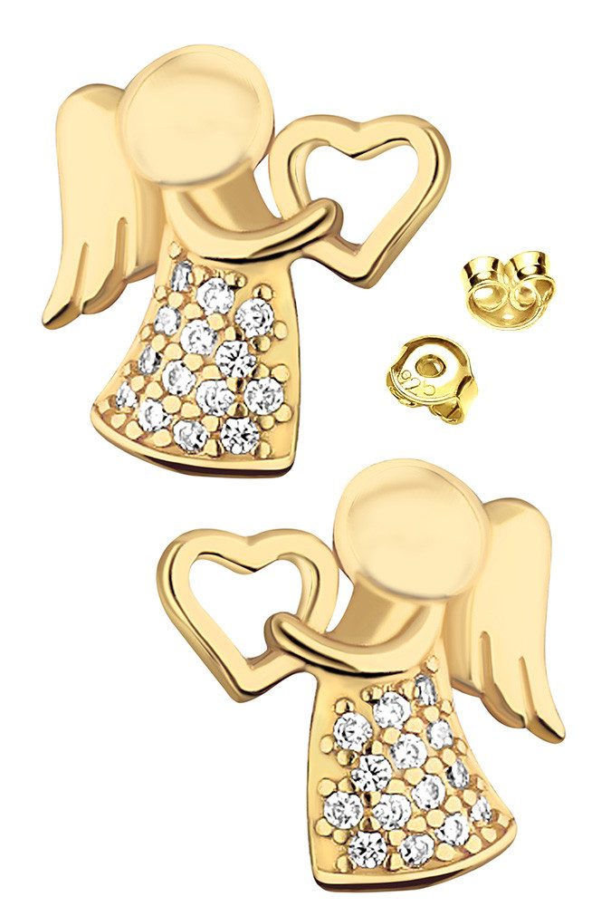 Limana Paar Ohrstecker 925 Silber Engel Herz Gold vergoldet Kinder Mädchen Damen Ohrringe (Weihnachtsgeschenk Kinderohrringe, Schmuck inkl. Schmuckbox), Geschenk Ostern Weihnachten Geburtstag Schulanfang Einschulung