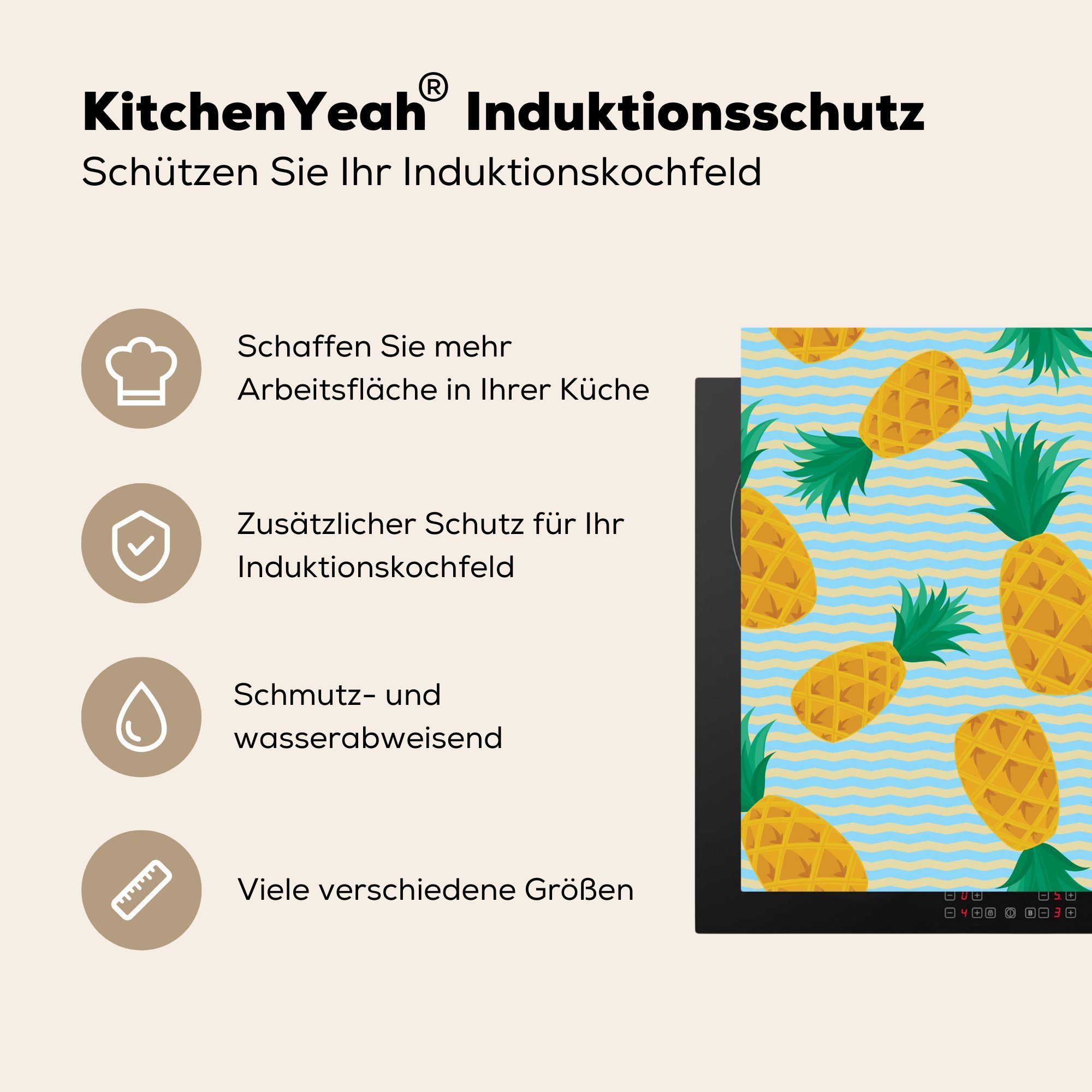MuchoWow Herdblende-/Abdeckplatte Muster Arbeitsplatte für cm, - küche Ananas Vinyl, 78x78 tlg), (1 - Ceranfeldabdeckung, Streifen