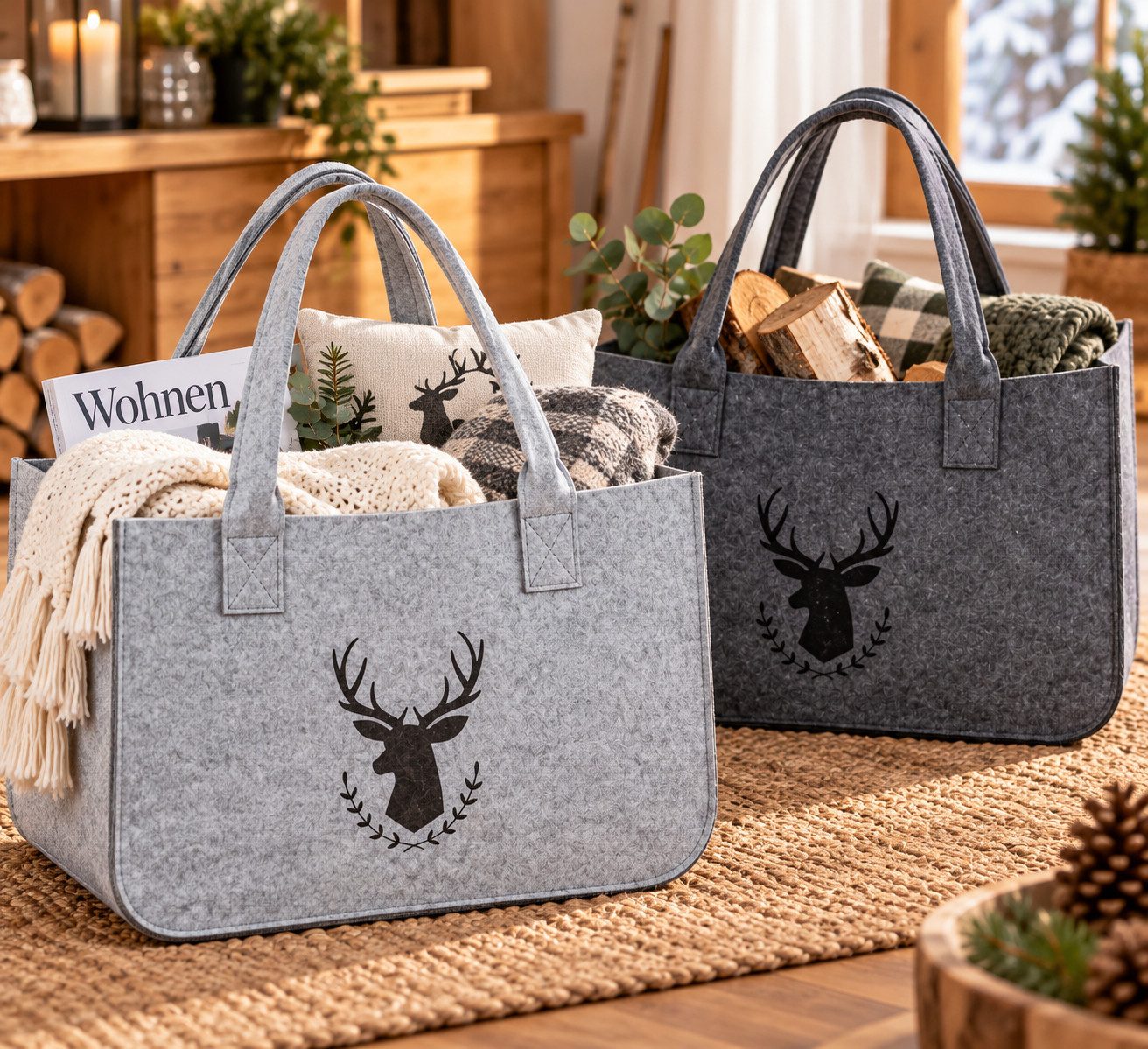MF Shopper Filztaschen Hirschmotiv Grau 2er Set 45 cm (2-tlg)