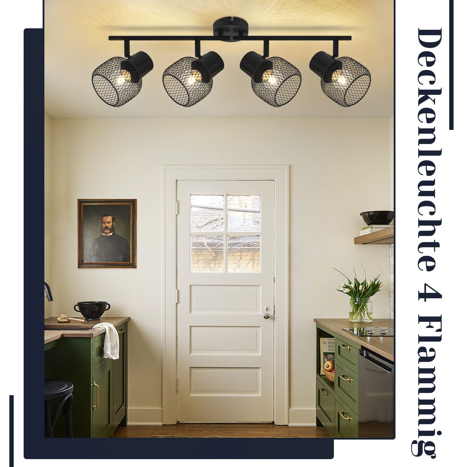 ZMH LED Deckenleuchte Wohnzimmer Schwarz 4 Flammig Deckenstrahler E27 Drehbar 90° Flur, Hochwertiger Decke, ohne Leuchtmittel, Anwendbare Standard E27 Leuchtmittel, Schwenkbar 330°Strahler Küche Kinderzimmer