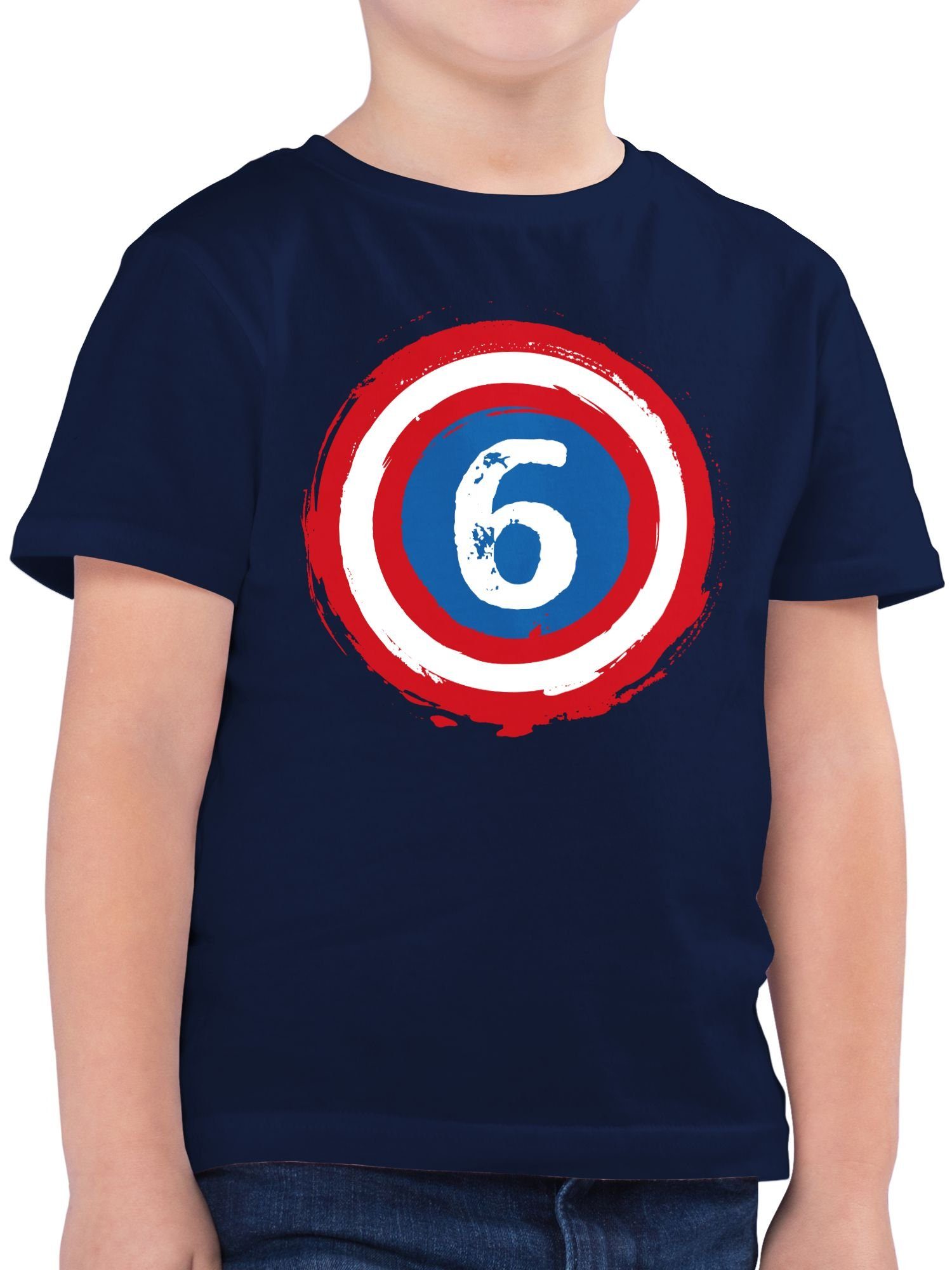 Shirtracer T-Shirt Superhelden Schild Sechs 6. Geburtstag 1 Dunkelblau