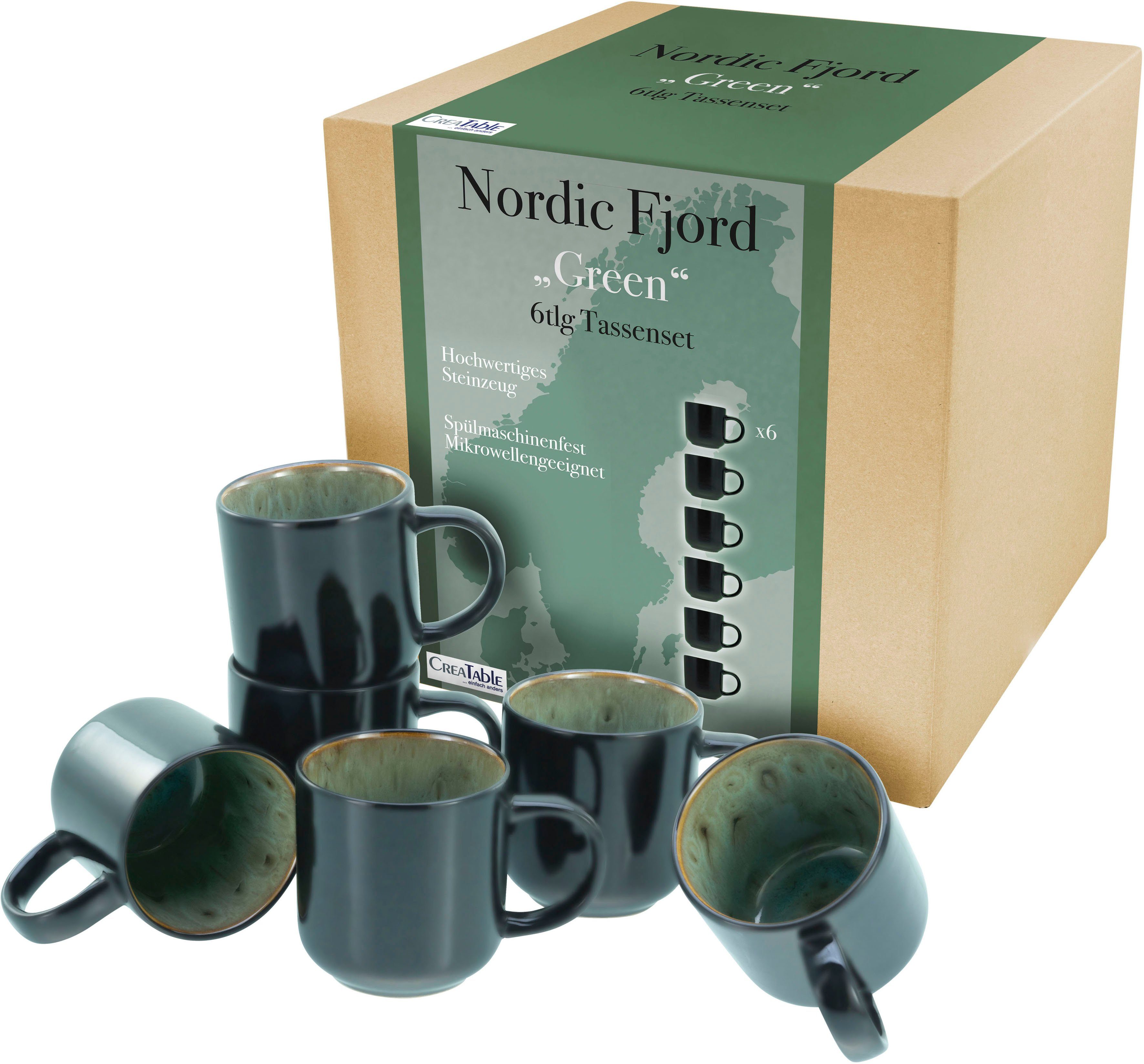 CreaTable Becher Nordic Fjord, Kaffeebecher, Tassen 6-teilig, Set, 285 Steinzeug, ml