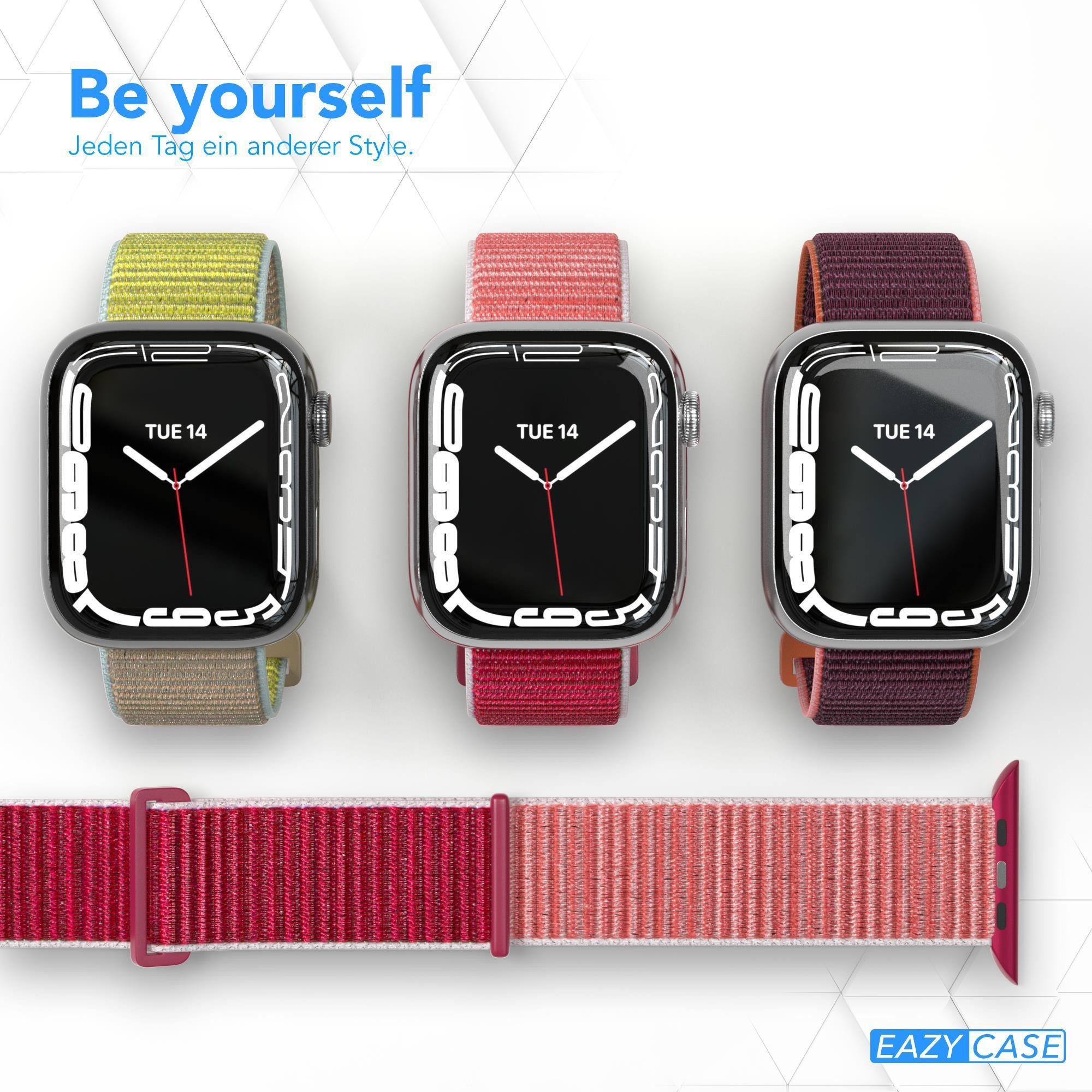 EAZY CASE Uhrenarmband Nylon Band für iWatch 11 10 9 8 7 6 5 4 3 2 SE Ultra, verstellbares Nylon Band 44-49mm Sportloop flexibel weich Rot Pink