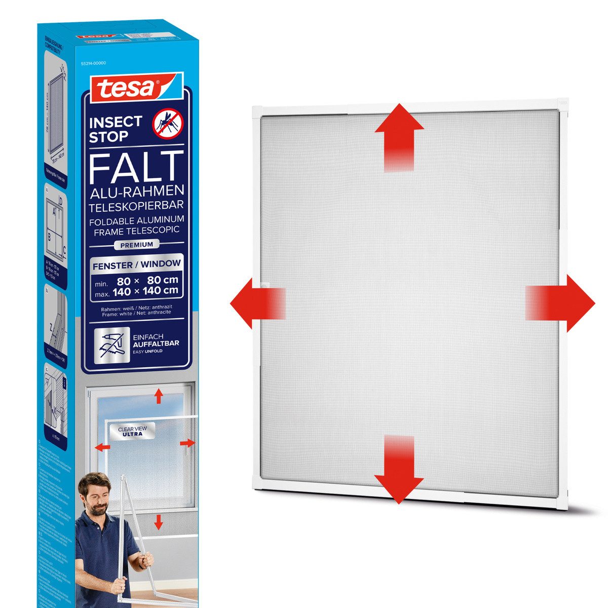 tesa Insektenschutz-Fensterrahmen FALT Alu Rahmen teleskopierbar Premium, (Packung, 1-St., Teleskop Alu Rahmen), Alu Insektenschutz 80 cm x 80 cm bis 140 cm x 140 cm